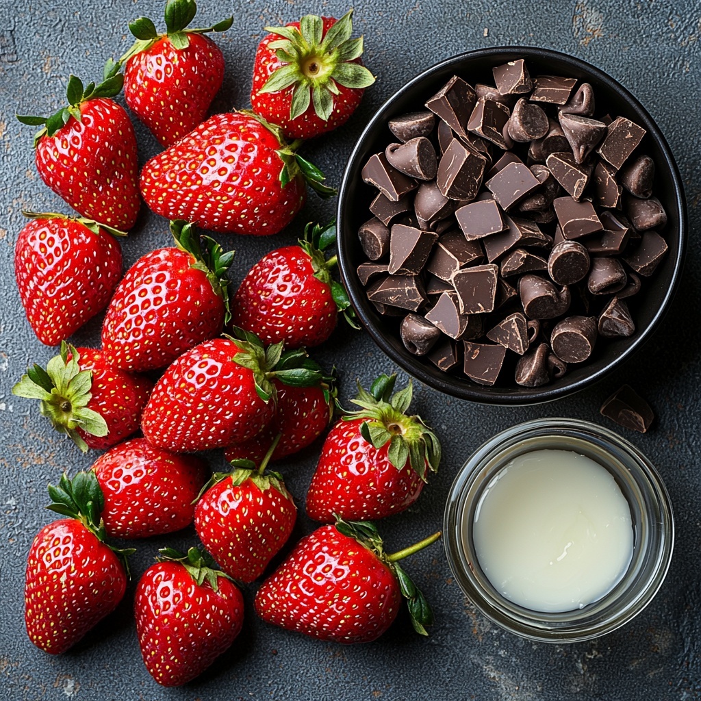 2 cups fresh strawberries, bright red with green leafy tops, arranged in a loose cluster; 1½ cups glossy milk chocolate chips and chopped milk chocolate pieces, scattered neatly in a small bowl and a few pieces artfully placed beside it; 1 tablespoon smooth, translucent coconut oil in a small glass dish; all ingredients spread out on a clean, matte white surface to enhance color contrast; natural soft lighting highlighting the shiny textures of the chocolate and the juicy freshness of the strawberries; slight shadows adding depth; minimal, elegant styling with a few stray chocolate chips and a single strawberry sliced in half for texture variety; overhead shot, top down view, flat lay photography, professional food styling --ar 1:1 --q 2 --s 750 --v 6.1
