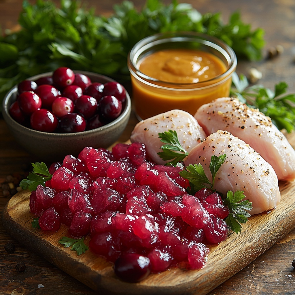 4 boneless, skinless chicken breasts raw, plump and pale pink, seasoned lightly with coarse salt and cracked black pepper scattered nearby; a glossy bowl of bright ruby red jellied cranberry sauce alongside a jar of whole-berry cranberry sauce with visible whole cranberries; a small glass bowl with smooth, vibrant orange French dressing; a rustic packet or small bowl displaying granular, golden-brown onion soup mix; fresh parsley sprigs and finely chopped bright green parsley scattered delicately for garnish; a clean, light wooden surface providing warmth and contrast; ingredients thoughtfully spaced and slightly overlapping with natural shadows to enhance texture and depth, emphasizing fresh, bold colors and varied textures; soft natural lighting highlighting the glossiness of sauces and the matte finish of the chicken; minimal props to keep focus on ingredients, styled cleanly and invitingly, overhead shot, top down view, flat lay photography, professional food styling --ar 1:1 --q 2 --s 750 --v 6.1