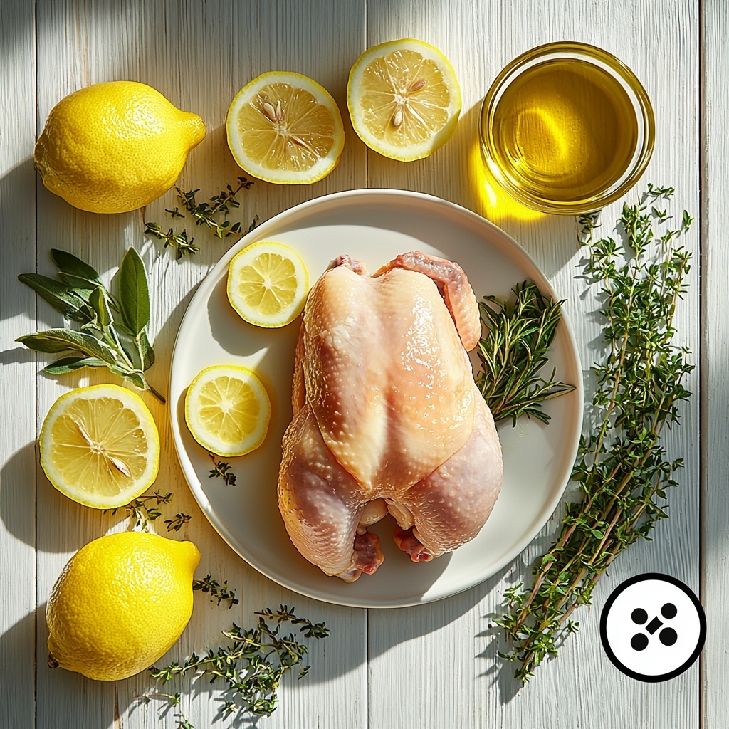 10 - A clean, bright flat lay of fresh roast chicken ingredients arranged neatly on a light wooden surface. Centered is a whole raw chicken with a natural, pale pink skin texture, slightly glistening from olive oil. Around it, vibrant yellow lemon halves and wedges provide a pop of fresh citrus color, with visible juicy pulp and zesty rind. Sprigs of fresh thyme are scattered artfully, their delicate green leaves contrasting against the warm wood. A small glass bowl of golden olive oil adds shine and richness to the composition. Soft natural light illuminates the scene, casting gentle shadows to emphasize textures and freshness. The arrangement is thoughtfully spaced to balance colors and shapes, evoking rustic elegance and inviting warmth. overhead shot, top down view, flat lay photography, professional food styling --ar 1:1 --q 2 --s 750 --v 6.1
