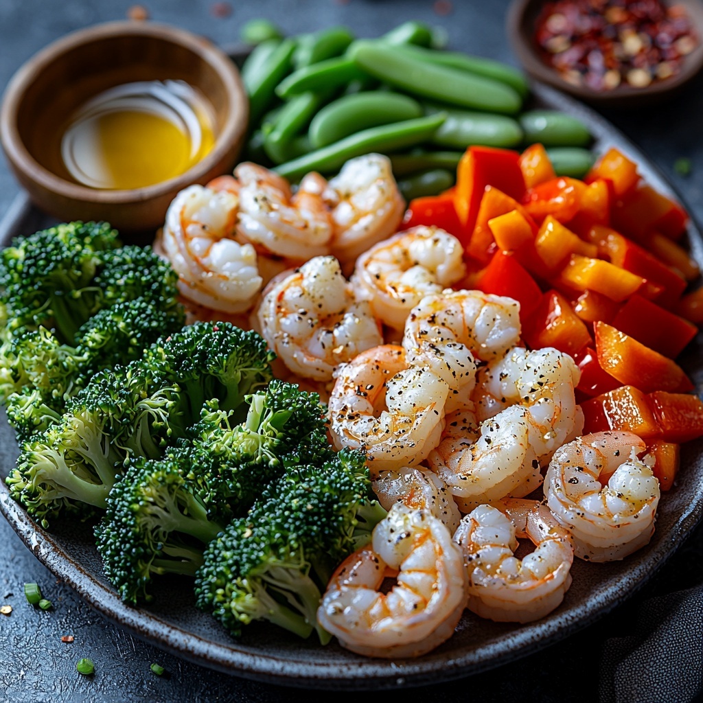 1- Broccoli florets chopped into bite-sized pieces with vibrant green hues and textured surfaces, bright red bell pepper slices fanned out to show glossy, crisp skin, fresh green beans arranged in a neat bundle showcasing their smooth, slender pods, plump pink shrimp peeled and deveined displayed on a small rustic plate, three whole garlic cloves with papery white skin scattered naturally, a small wooden bowl filled with finely grated pale yellow ginger, two chopped scallions with bright green tops and white bulbs loosely piled, a small glass dish of golden olive oil reflecting light softly, a tiny ceramic bowl containing dark amber tamari sauce with a slight sheen, a small pile of crushed red pepper flakes vibrant red with texture scattered artfully nearby — all ingredients arranged separately but harmoniously on a clean, matte white surface to emphasize colors and textures; soft natural lighting casting gentle shadows, minimalistic styling with subtle props such as a wooden spoon and a linen napkin partially visible at the edges, overhead shot, top down view, flat lay photography, professional food styling --ar 1:1 --q 2 --s 750 --v 6.1