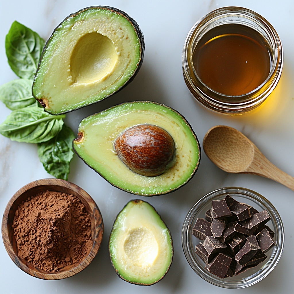 2- Avocado Fudgesicles ingredients beautifully arranged on a clean, matte white surface for an overhead flat lay photography: two ripe avocados halved to reveal vibrant green flesh with creamy texture, a small glass bowl filled with smooth, rich cocoa powder in deep brown hues, a clear measuring cup of creamy, off-white coconut milk with a silky surface, a small jar or bowl of amber maple syrup glistening under soft light, and a delicate glass container of translucent vanilla extract. The ingredients are spaced evenly with natural, soft shadows, highlighting their colors and textures—the smoothness of avocado flesh, powdery cocoa, and glossy syrup—all styled with minimalistic rustic props like a wooden spoon and fresh green leaves to add freshness and contrast. The composition is clean, bright, and inviting, emphasizing natural colors and textures against the white backdrop. overhead shot, top down view, flat lay photography, professional food styling --ar 1:1 --q 2 --s 750 --v 6.1