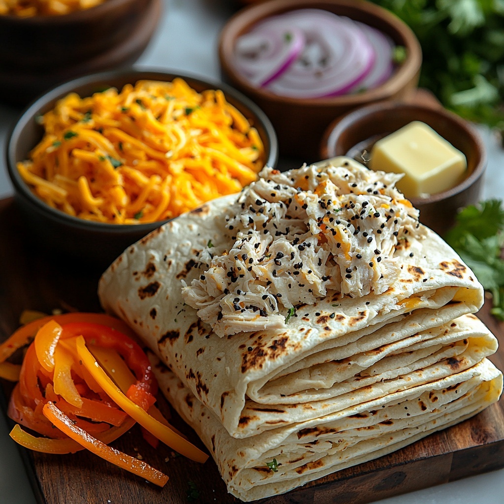 3- flour tortillas stacked neatly on a clean white surface, next to a small bowl of shredded cheddar and mozzarella cheese blend showing vibrant orange and creamy white colors, a rustic bowl filled with shredded cooked chicken with a light golden texture, a small dish of golden melted butter glistening under soft light, scattered coarse salt crystals and cracked black peppercorns adding texture, optional thin slices of fresh onions with translucent white rings and bright colorful bell pepper strips arranged artistically, natural warm daylight highlighting the varied textures and colors, minimalistic and bright styling with soft shadows, slight rustic wooden cutting board under some ingredients for contrast, overhead shot, top down view, flat lay photography, professional food styling --ar 1:1 --q 2 --s 750 --v 6.1