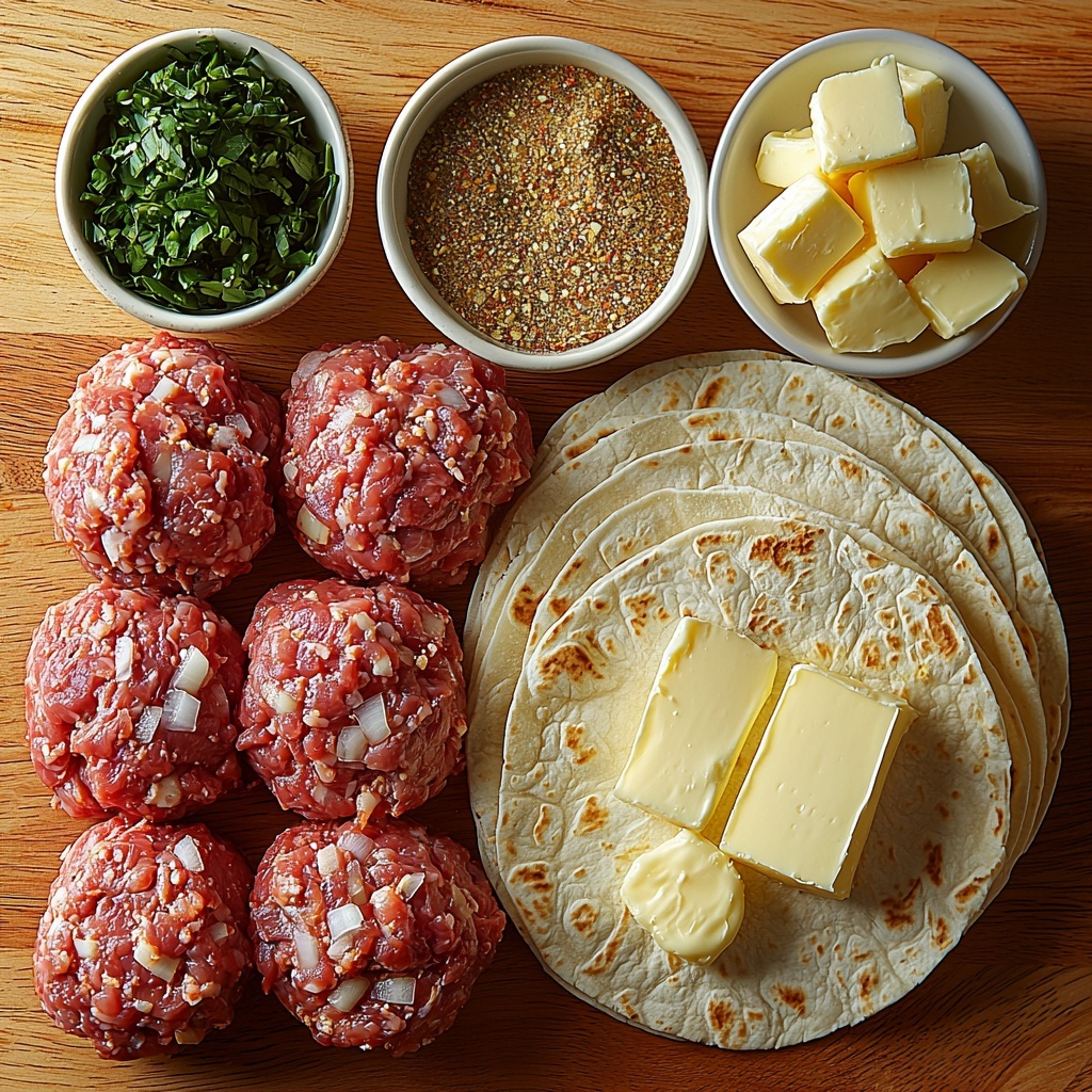 4- A clean, light wooden surface arranged with fresh cooking ingredients for Smash Burger Tacos: raw ground beef shaped into four loose balls with a rich red color and marbled texture, four small soft flour tortillas stacked neatly with a slight off-white, slightly textured surface, four slices of pale yellow melted cheese arranged fanned out, half a medium onion finely diced with crisp white and purple layers showing, a small bowl of golden warm-toned seasoning blend with visible herbs and spices, two tablespoons of creamy pale yellow butter on a small white ceramic dish. The ingredients are spaced evenly with natural light casting soft shadows, highlighting the varied textures—from the smooth tortillas to the coarse ground beef and glossy cheese slices. The composition is minimalist and balanced with a neutral background, styled for a fresh, inviting look. overhead shot, top down view, flat lay photography, professional food styling --ar 1:1 --q 2 --s 750 --v 6.1