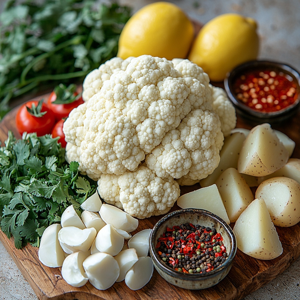 7- small cauliflower head with its textured white florets and light green leaves, two medium potatoes cut into wedges showing their pale yellow flesh and rustic skins, a vibrant bunch of fresh cilantro with bright green feathery leaves, two ripe tomatoes in rich red tomato paste form in a small bowl, two halved lemons displaying their juicy yellow segments, small bowls containing glossy soy sauce and bright red chili sauce, a small dish of creamy garlic paste and another with smooth ginger paste, three slender green chilies with shiny skin, loose turmeric powder in bright golden yellow, scattered red chili powder and chili flakes adding fiery red accents, tiny fennel seeds and two whole cloves arranged neatly on a wooden spoon, a sprinkle of coarse salt crystals alongside coriander powder and fenugreek powder in small ceramic bowls, all laid out on a clean, light-colored matte surface that enhances the natural colors and textures, gentle natural light casting soft shadows, styled with minimal props for an elegant and inviting composition — overhead shot, top down view, flat lay photography, professional food styling --ar 1:1 --q 2 --s 750 --v 6.1