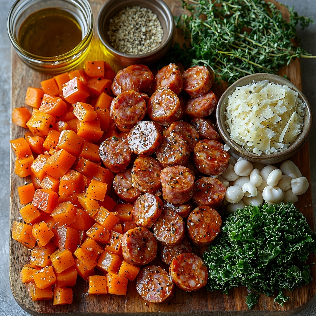 8- 14 ounces sliced fully cooked smoked sausage with rich reddish-brown tones, 2 tablespoons glossy extra-virgin olive oil in a small glass dish, 1 cup diced white and yellow onion with translucent edges, 2 medium peeled and coarsely chopped bright orange carrots, 8 ounces quartered cremini mushrooms showing earthy brown caps and pale gills, 2 chopped celery ribs in fresh green shades, 1 teaspoon finely minced garlic with a slightly creamy texture, 4 cups coarsely chopped dark green kale leaves with visible veins and crisp texture, a rustic 28-ounce can of Italian-style crushed tomatoes with vibrant red color and textured chunks, 2 cups low-sodium chicken broth in a clear measuring cup with warm golden hue, 30 ounces rinsed and drained small white beans showcasing smooth, pale and slightly glossy surfaces, small piles of dried thyme and marjoram in light green and muted brown tones, a tiny heap of coarse salt crystals, fresh ground black pepper scattered as fine dark specks, and a small bowl with shredded or shaved Parmesan cheese in off-white flaky texture arranged thoughtfully on a smooth, clean white surface. Ingredients are spaced evenly with natural shadows emphasizing texture and color contrast, creating a balanced and inviting composition with rustic wooden or linen accents softly blurred around edges for warmth. Overhead shot, top down view, flat lay photography, professional food styling --ar 1:1 --q 2 --s 750 --v 6.1