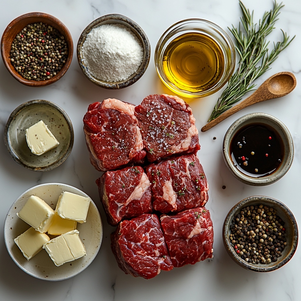 9- Tender eye of round roast beef, large raw beef roast with marbled texture, golden olive oil in a small glass bowl, small bowls with dried crushed rosemary, dried thyme, kosher salt, fresh ground black pepper, granulated garlic powder, onion powder, paprika—all displaying varied earthy tones from green to beige and rusty red, softened butter pat on a white ceramic dish, all-purpose flour in a rustic bowl with fine white powder texture, deep red wine in a clear glass measuring cup reflecting light, beef broth in a transparent container showing rich brown liquid, small dish with dark browning sauce, coarse salt crystals and freshly ground black pepper scattered lightly around ingredients; arranged neatly on a clean white marble surface with subtle natural light casting soft shadows, minimalistic styling with a hint of rustic charm, warm earthy tones, textured linen napkin partially visible, wooden spoon resting nearby, overhead shot, top down view, flat lay photography, professional food styling --ar 1:1 --q 2 --s 750 --v 6.1