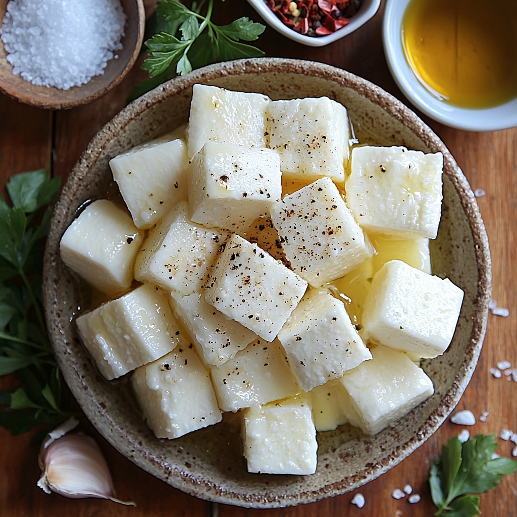 11- A clean, light wooden surface neatly arranged with the main ingredients for marinated cheese cubes: a roughly 8 oz block of creamy white mozzarella cheese cut into perfect 1-inch cubes on a small rustic ceramic plate; a small glass bowl with golden extra virgin olive oil shimmering under soft natural light; a tiny white bowl holding deep red wine vinegar with a smooth sheen; two plump garlic cloves, one whole and one finely minced on a small wooden spoon; scattered dried oregano leaves and crushed red pepper flakes in tiny bowls showcasing their earthy textures and vibrant reds; a small heap of coarse sea salt crystals and a sprinkle of freshly ground black pepper in a delicate porcelain dish; fresh green parsley leaves and sprigs of thyme or rosemary laid out neatly beside the bowls adding bright pops of herbaceous color — all arranged with deliberate spacing emphasizing their natural colors and textures, complemented by soft shadows and a minimalist style. Overhead shot, top down view, flat lay photography, professional food styling --ar 1:1 --q 2 --s 750 --v 6.1
