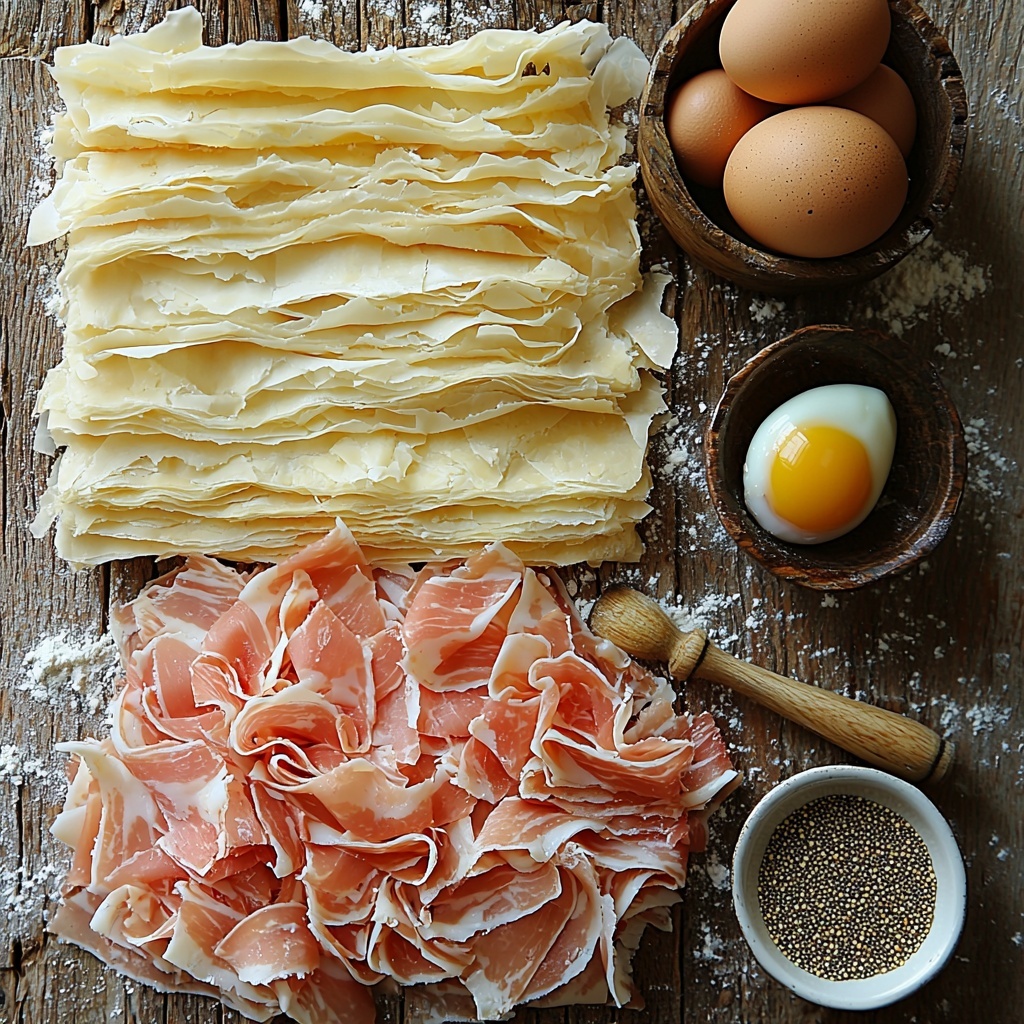 12- puff pastry sheet, thinly sliced deli ham arranged in neat overlapping layers, shredded cheese blend of Swiss, cheddar, and Gruyère with crumbly and melty textures, small bowl of smooth Dijon mustard with glossy sheen, whole egg and a bowl of water side by side, small ramekin with sesame seeds or poppy seeds, all ingredients carefully spaced on a clean, light-colored wooden surface with subtle flour dusting, natural soft daylight highlighting the golden hues and delicate textures, minimalistic styling with rustic kitchen tools like a wooden rolling pin and a butter knife placed casually nearby, hint of warm tones to enhance the inviting freshness of the raw ingredients, overhead shot, top down view, flat lay photography, professional food styling --ar 1:1 --q 2 --s 750 --v 6.1