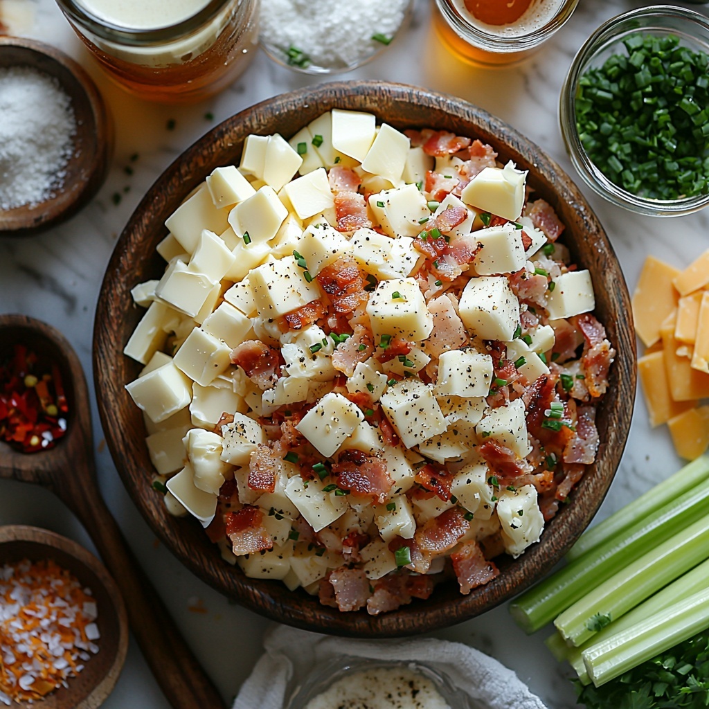 1- halved and chopped crispy bacon pieces in a small rustic bowl, finely chopped white onion scattered neatly next to it, vibrant pale green celery ribs sliced and arranged in a small pile, minced garlic cloves in a tiny white ceramic dish, smooth golden butter blocks on a wooden butter paddle, a heap of light beige all-purpose flour on a white linen cloth, a clear glass pitcher filled with rich amber chicken stock, a white ceramic jug with creamy white milk, a mound of shredded sharp orange cheddar cheese with curly edges on natural parchment paper, small glass bowls containing bright red Tabasco sauce and dark glossy Worcestershire sauce, a frosted glass half-filled with golden pale lager beer showing delicate bubbles, small bowls of coarse kosher salt and freshly cracked black peppercorns, a tiny dish of finely chopped vibrant green chives sprinkled lightly nearby, all ingredients carefully spaced and arranged on a clean white marble surface with soft natural daylight casting gentle shadows, styled with rustic wooden spoons and linen napkins for contrast, overhead shot, top down view, flat lay photography, professional food styling --ar 1:1 --q 2 --s 750 --v 6.1