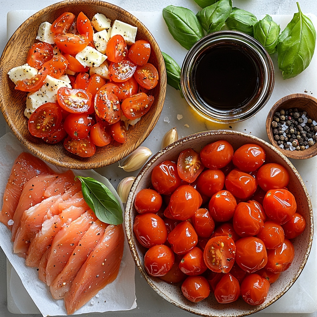 12- boneless skinless chicken breasts raw, bright red cherry tomatoes diced in a small bowl, vibrant green fresh basil leaves chopped scattered loosely, three garlic cloves whole and peeled beside a small pile of minced garlic, small glass bowl with dark balsamic vinegar, golden olive oil in a clear glass drizzle bottle, coarse salt and black peppercorns in rustic small bowls, shredded mozzarella cheese in a neat mound on white parchment paper, small jar with glossy dark balsamic glaze drizzle, all ingredients arranged artfully on a clean white marble surface with soft natural lighting highlighting vibrant colors and contrasting textures, minimal shadows, subtle rustic props like a wooden spoon and a linen napkin partially in frame for warmth, overhead shot, top down view, flat lay photography, professional food styling --ar 1:1 --q 2 --s 750 --v 6.1