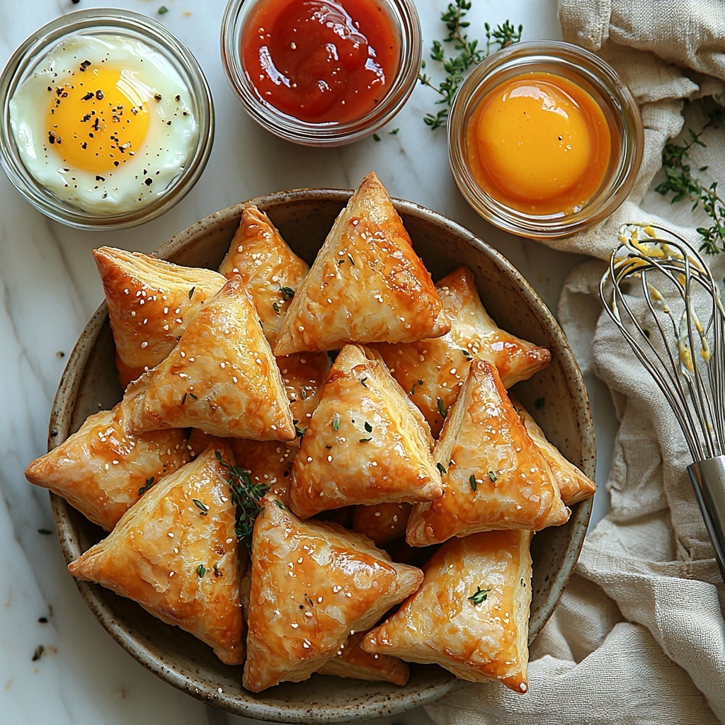 mini sausages in a small rustic bowl with a glossy, reddish-brown skin; crescent roll dough unrolled and separated into triangular pieces with a smooth, pale golden texture laid out neatly on a clean white marble surface; a small glass bowl with a beaten egg showing vibrant yellow yolk and slightly frothy white beside a silver whisk; ramekins containing bright yellow mustard and rich red ketchup placed near the edges for dipping options; soft natural lighting highlighting the subtle gloss on the sausages and the delicate flakiness of the dough edges; minimal shadows for a clean, fresh look; styled with a few scattered flour dust specks and a folded linen napkin for warmth; all elements spaced evenly and arranged symmetrically for visual balance and clarity; overhead shot, top down view, flat lay photography, professional food styling --ar 1:1 --q 2 --s 750 --v 6.1