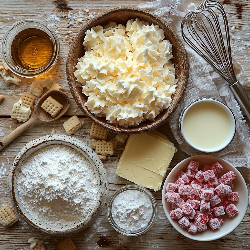 Graham cracker crumbs in a small rustic bowl with a sprinkle scattered lightly around, a small glass bowl of melted golden butter with a silver spoon resting beside it, a neat mound of fine powdered sugar on a white ceramic plate, a block of smooth, creamy softened cream cheese on parchment paper, a clear glass bowl of thick heavy whipping cream beside a vintage whisk, two small glass ramekins—one with amber vanilla extract and one with clear peppermint extract—both reflecting soft light, a small white dish filled with vibrant crushed red and white peppermint candy pieces adding a pop of color, all arranged neatly on a clean, textured light wood surface with natural daylight casting soft shadows, subtle props like a linen napkin and a sprig of fresh peppermint leaves for freshness, overhead shot, top down view, flat lay photography, professional food styling --ar 1:1 --q 2 --s 750 --v 6.1