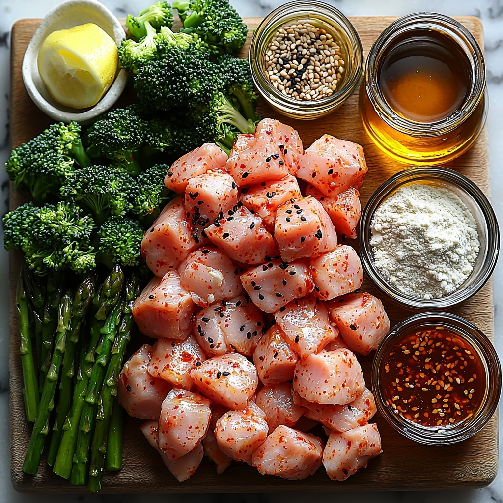 2 pounds raw chicken breasts and thighs cut into cubes, small white bowl with garlic powder, scattered black pepper and red chile flakes, small heap of white flour, 4 tablespoons extra virgin olive oil in a clear glass dish, fresh bright green broccoli florets and chopped asparagus arranged in a neat pile, small wooden bowl of toasted sesame seeds, clear glass jar with dark tamari soy sauce, small dish of golden lemon juice, small jar of thick amber honey, six cloves of fresh garlic grated on a white ceramic plate, glossy vibrant red chili paste (gochujang) in a shallow bowl, finely chopped fresh green onions sprinkled casually, small dark glass bottle of toasted sesame oil—all arranged carefully on a clean white marble surface with soft natural lighting highlighting the varied textures and vivid colors, slight shadows for depth, minimalist rustic props like wooden spoons and linen napkins placed subtly around, overhead shot, top down view, flat lay photography, professional food styling --ar 1:1 --q 2 --s 750 --v 6.1