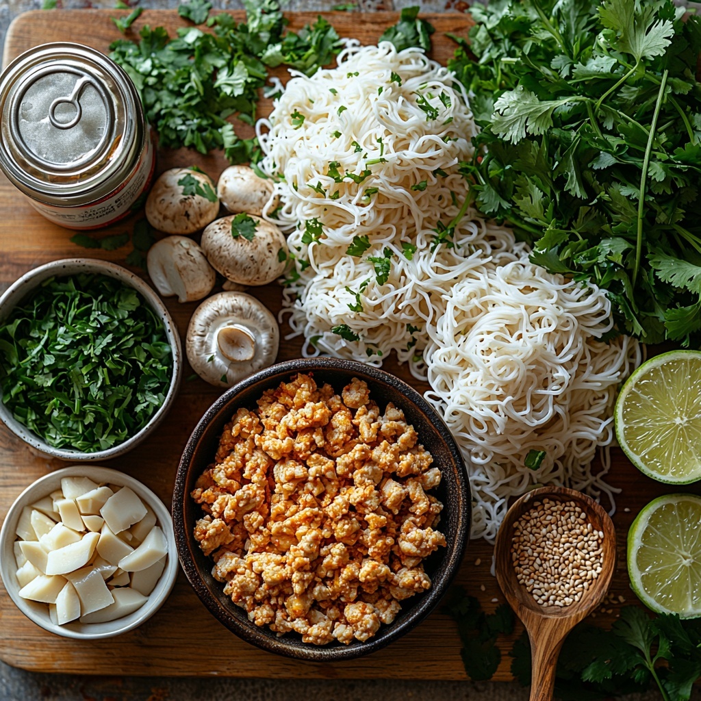 ground chicken in a small rustic bowl, minced garlic cloves neatly piled nearby, fresh grated ginger on a white ceramic dish, a small bowl of dark soy sauce with a glossy surface, vibrant chopped cilantro scattered artfully, coiled dry rice noodles with a slightly translucent texture, a small wooden spoon holding vivid red curry paste, a can of creamy full-fat coconut milk opened to show its smooth white contents, a clear glass measuring cup filled with golden chicken broth, granulated brown sugar in a tiny porcelain dish, sliced fresh mushrooms fanned out on a light wood board, a bunch of bright green spinach or baby kale leaves loosely stacked, a halved lime with juicy pulp visible, and salt and pepper grinders placed casually to the side—all arranged on a clean, light-colored surface with soft natural light highlighting the contrasting colors and textures, gentle shadows adding depth, with minimalist and balanced spacing to emphasize freshness and variety, overhead shot, top down view, flat lay photography, professional food styling --ar 1:1 --q 2 --s 750 --v 6.1