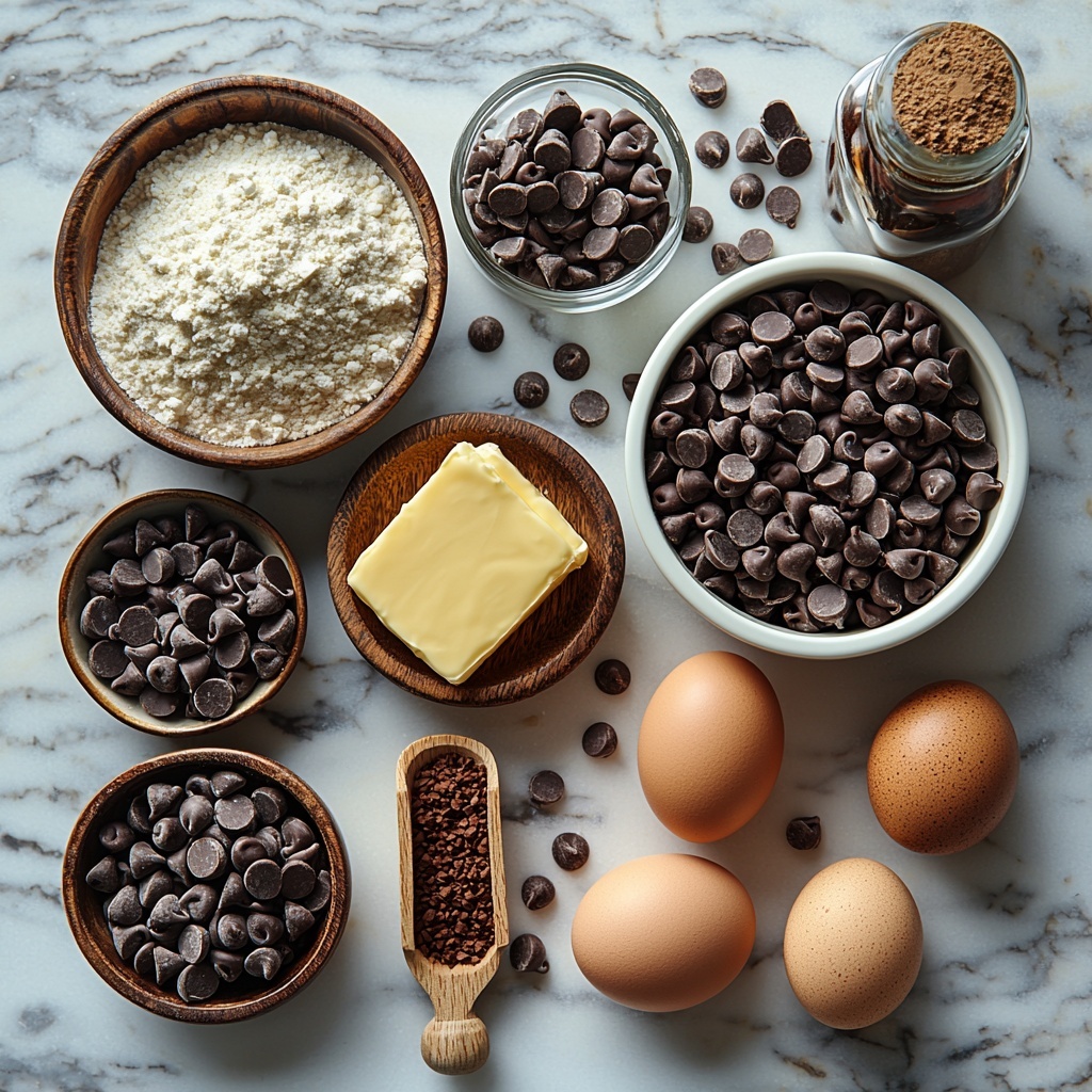 Flat lay photography of the main ingredients for chocolate chip cookies arranged neatly on a clean white marble surface. Include a small glass bowl of all-purpose flour with a wooden scoop, a separate small bowl of baking powder, a vintage metal measuring cup filled with granulated sugar, a rustic ceramic bowl packed with brown sugar showing its rich, molasses texture, a slab of pale yellow unsalted butter on a wooden butter paddle, two large brown eggs resting beside a glass bottle of vanilla extract with a cork top, and a generous mound of glossy, dark semi-sweet chocolate chips spilling slightly from a small white porcelain bowl. Soft natural light enhances the warm, inviting tones and textures, with slight shadows for depth. Minimal props with a focus on clean lines and natural materials for a cozy, artisanal feel. Overhead shot, top down view, flat lay photography, professional food styling --ar 1:1 --q 2 --s 750 --v 6.1