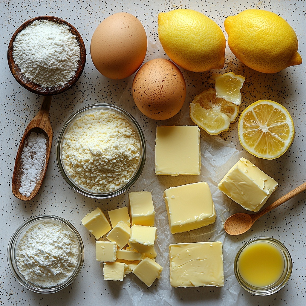 a bright and inviting flat lay of ingredients for lemon custard cake arranged on a smooth, clean white surface. Centered are four large eggs with warm brown shells, some cracked open to show vibrant yellow yolks in delicate white egg cups. Nearby lies a small glass bowl of fine white sugar shimmering softly under natural light. Melted golden butter rests in a small clear glass dish, slightly cooling with a glossy surface. A rustic wooden spoon holds a heap of pale all-purpose flour, with a few scattered flour dust particles adding texture. Freshly grated lemon zest with vivid yellow strands spills gently onto the surface beside a small glass pitcher of freshly squeezed lemon juice, bright and translucent. A simple glass cup contains lukewarm milk with creamy white hue, casting a soft reflection. A tiny vintage silver teaspoon holds a dollop of vanilla extract, dark and glossy. Powdered sugar is delicately dusted in a fine mound on crinkled parchment paper for ethereal texture. Natural soft daylight filters in from the side, creating gentle shadows and highlighting the fresh, wholesome colors and textures. Everything is arranged with thoughtful spacing to emphasize each ingredient’s unique character, styled to look effortless yet elegant. overhead shot, top down view, flat lay photography, professional food styling --ar 1:1 --q 2 --s 750 --v 6.1
