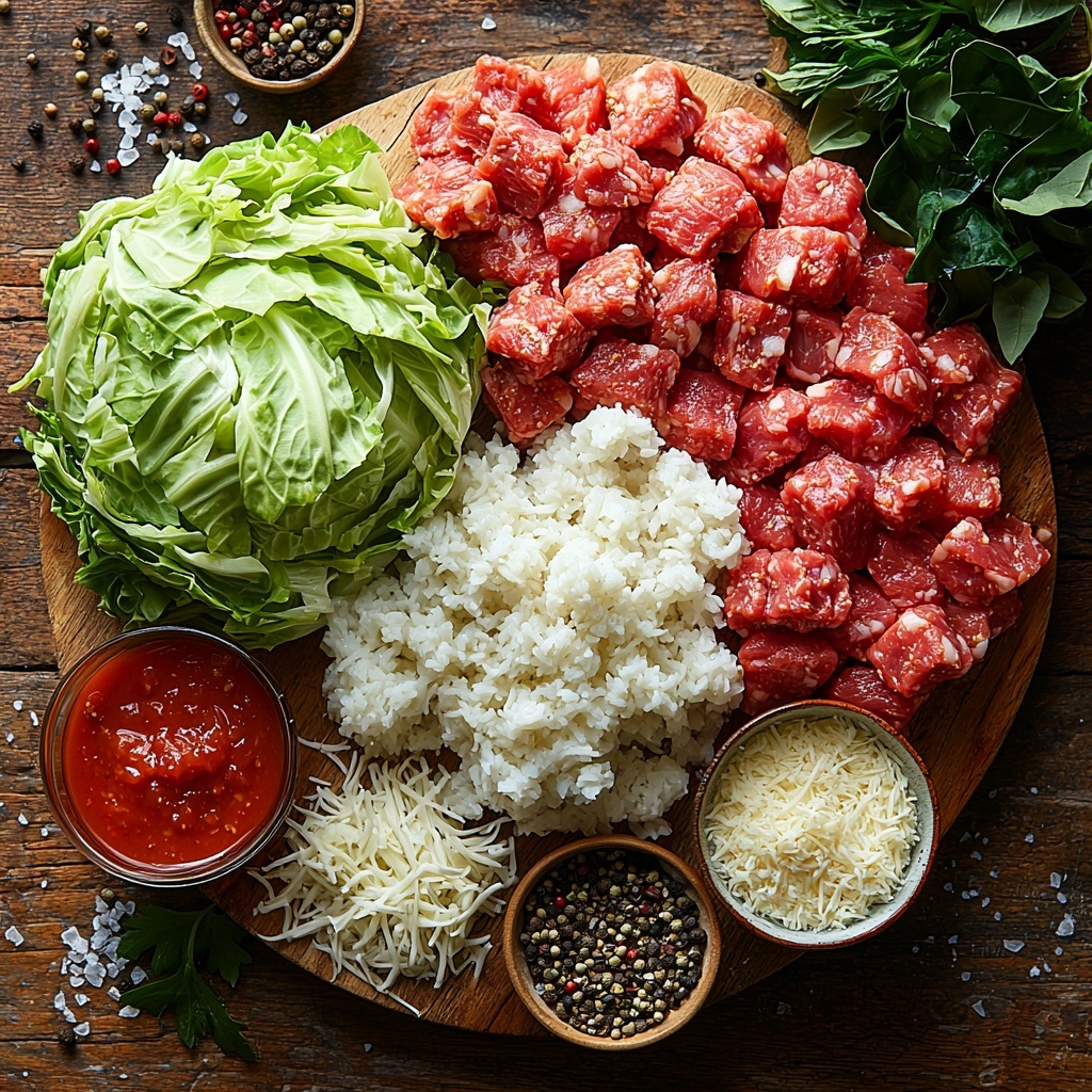 Large head of fresh green cabbage chopped into bite-sized pieces, raw bright white and pink ground beef or turkey in a small bowl, a cup of uncooked white rice grains neatly spread in a small dish, one medium yellow onion finely chopped into small cubes, two cloves of garlic minced finely on a wooden board, an open can of deep red crushed tomatoes with rich texture, an open can of smooth tomato sauce in vibrant red, a small glass bowl of dark brown Worcestershire sauce, dried oregano and dried basil scattered as fine green herbs on a white ceramic spoon, salt and black peppercorns in small rustic bowls, a cup of shredded pale yellow cheese slightly piled on a neutral plate. All ingredients arranged artfully on a clean, light wooden surface with natural daylight highlighting the vivid colors and various textures, subtle shadows adding depth, styled with a casual yet organized feel, minimal props for a fresh and inviting look. overhead shot, top down view, flat lay photography, professional food styling --ar 1:1 --q 2 --s 750 --v 6.1