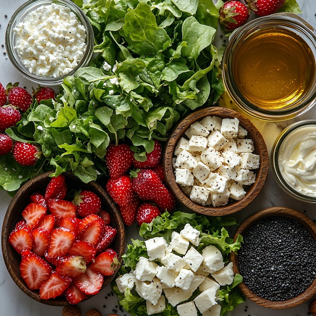 A beautifully arranged flat lay of fresh spring mix greens with vibrant green leaves spread out on a clean white marble surface, surrounded by bright red sliced strawberries neatly fanned out in a small ceramic bowl, crumbled creamy white feta cheese scattered delicately beside a small rustic wooden bowl filled with toasted sliced almonds. Nearby, a small pile of deep red dried cranberries adds a pop of color, next to a glass jar of golden oil catching soft light. Small glass bowls hold white granulated sugar and coarse salt, while a tiny ramekin contains Dijon mustard with a hint of mustard yellow. A clear glass vessel with translucent white vinegar reflects subtle highlights. A heap of finely grated pale onion and a sprinkle of black poppyseeds are placed artistically on the surface. Freshly ground black pepper contrasts with the clean background. The arrangement is bright, colorful, and textured for maximum visual appeal, with natural light casting soft shadows, styled with minimal rustic props and a neutral linen napkin. overhead shot, top down view, flat lay photography, professional food styling --ar 1:1 --q 2 --s 750 --v 6.1