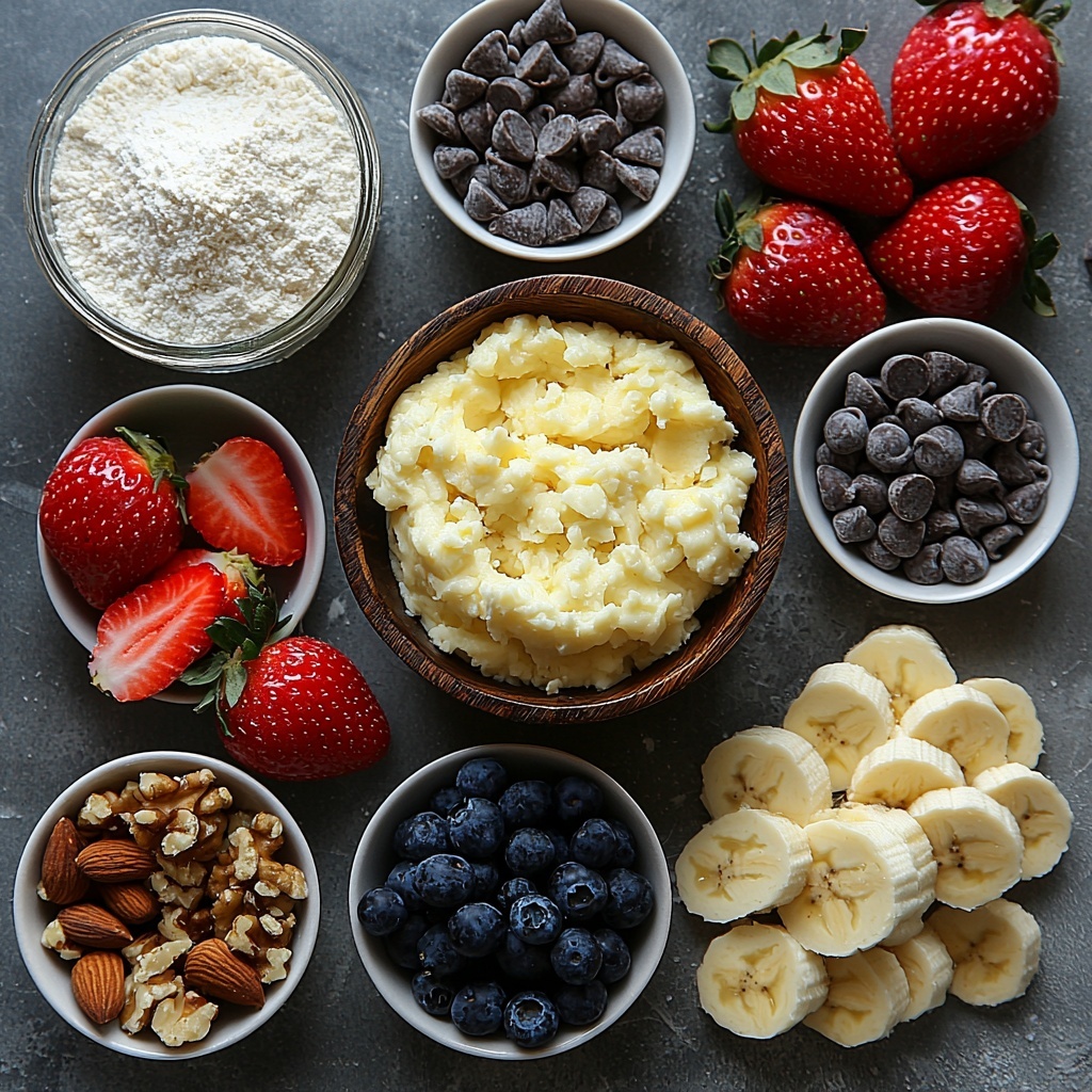 3 large ripe bananas, mashed in a small rustic bowl with soft creamy texture and pale yellow color; 2 cups all-purpose flour loosely sifted into a neat pile with fine powdery texture, bright white; 1 cup granulated sugar in a small glass jar showing sparkling crystalline grains; 2 teaspoons baking powder and 1 teaspoon salt arranged in small white ceramic spoons, smooth textures; 1 cup unsalted butter softened, cut into irregular chunks on a light wooden cutting board, pale creamy yellow with a smooth, buttery surface; 2 large brown eggs cracked open in a small white bowl, showing glossy egg yolks; 1 cup heavy cream in a clear glass measuring cup, rich and white with subtle reflections; 1 teaspoon vanilla extract in a small amber glass bottle, dark golden liquid inside; optional extras artistically scattered around: a handful of glossy walnuts and pecans, dark brown with rugged texture; small pile of shiny chocolate chips, rich dark brown; a small drizzle of caramel sauce in a delicate white porcelain dish, golden and smooth; fresh strawberries sliced revealing vibrant red and white interiors, whole blueberries with deep blue sheen. Ingredients are neatly arranged on a clean, neutral light gray matte surface with natural soft daylight casting gentle shadows. Composition is balanced with contrasting colors and textures to highlight freshness and warmth — overhead shot, top down view, flat lay photography, professional food styling --ar 1:1 --q 2 --s 750 --v 6.1