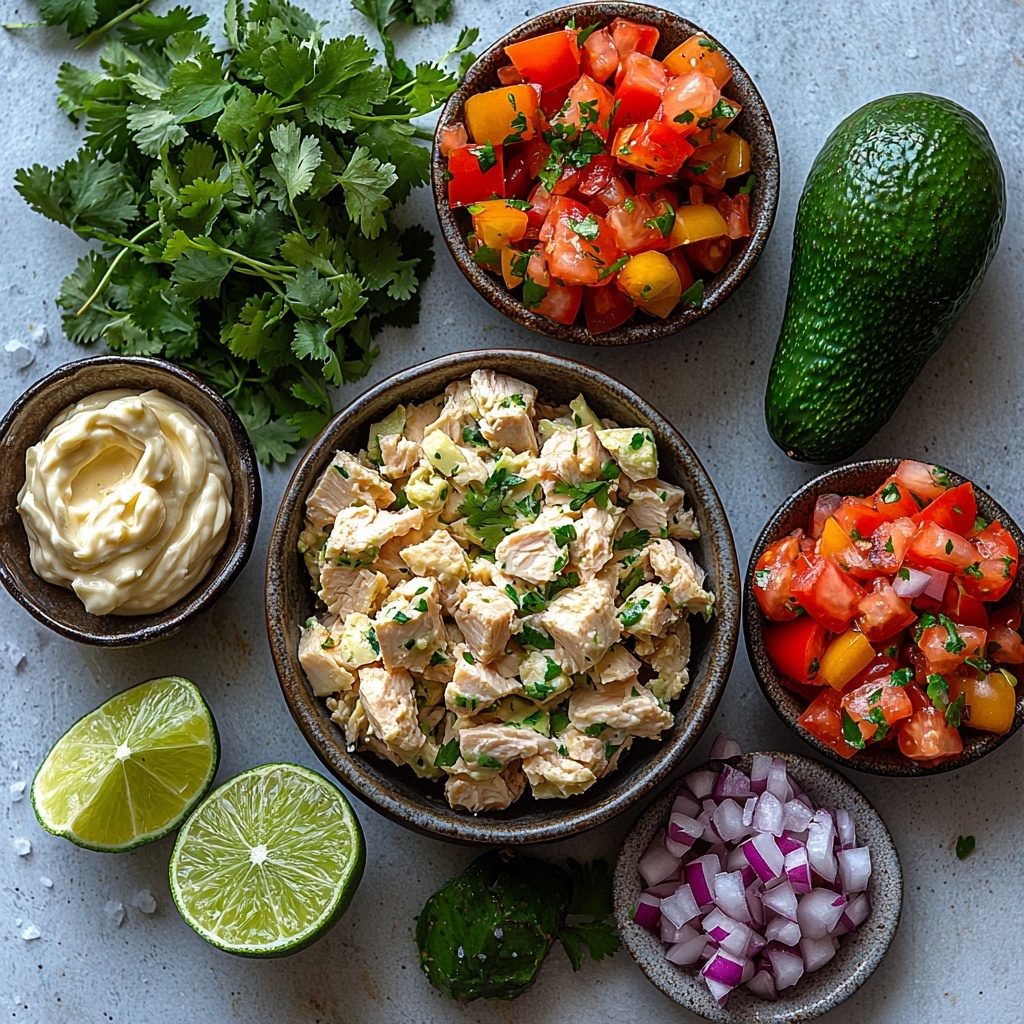 vibrant flat lay of fresh ingredients for avocado tuna salad arranged neatly on a clean white surface: flaky drained albacore tuna in a small glass bowl with soft texture, creamy off-white mayonnaise in a tiny ceramic dish, bright green fresh cilantro sprigs loosely scattered, a halved lime with juicy pulp and a small bowl of freshly squeezed lime juice showing vibrant green hues, ripe avocado halves with smooth green skin and chunky mashed avocado in a rustic bowl showing creamy texture, colorful pico de gallo with diced tomatoes, onions, and cilantro in a clear bowl highlighting red, white, and green contrasts, a small pinch of sea salt crystals in a minimalist porcelain spoon, soft natural daylight enhancing the fresh colors and textures, subtle shadows for depth, arranged symmetrically with balanced spacing, minimalistic and clean styling emphasizing freshness and simplicity, overhead shot, top down view, flat lay photography, professional food styling --ar 1:1 --q 2 --s 750 --v 6.1