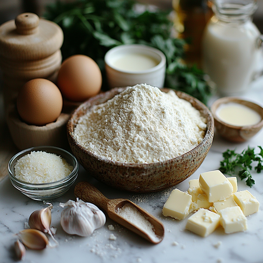 4 cups all-purpose flour in a rustic ceramic bowl with a slightly textured surface, next to a small wooden scoop spilling some flour onto the clean white marble countertop; a small glass bowl of granulated sugar with sparkling crystals catching light; a tiny dish of fine white salt nearby; a measuring spoon filled with fine instant yeast with a delicate powdery texture; a glass measuring cup containing warm milk with a creamy, smooth surface; a small clear bowl of melted golden butter shimmering under soft lighting; a small cup of warm water with subtle steam wisps suggesting warmth; one large brown egg resting on a simple linen napkin; a shallow bowl with finely grated pale yellow Parmesan cheese showing crumbly texture; a small pile of shredded mozzarella cheese with glossy, soft strands; four cloves of fresh garlic, peeled and minced, with glossy, translucent tiny pieces; a small ramekin filled with softened pale yellow butter, showing creamy consistency; a tiny bunch of freshly chopped bright green parsley with vibrant freshness; all ingredients neatly spaced and symmetrically arranged on a clean white marble surface with natural daylight creating soft shadows, minimalistic styling with neutral props to emphasize colors and textures, overhead shot, top down view, flat lay photography, professional food styling --ar 1:1 --q 2 --s 750 --v 6.1