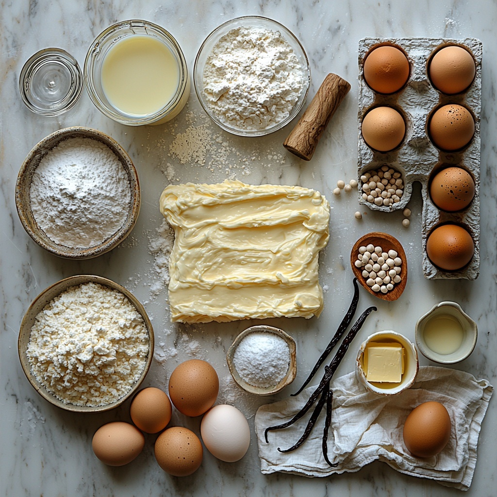 Choux pastry ingredients beautifully arranged on a clean white marble surface: a glass measuring cup filled with creamy whole milk, a small bowl of heavy cream with a silky texture, a vintage wooden spoon resting beside a small heap of granulated sugar sparkling under soft light, a vanilla bean pod split open revealing tiny black seeds, a delicate clear bowl holding rich golden egg yolks, a small ceramic dish with fine white cornstarch powder, a glass jug of clear water, a rustic pat of pale yellow butter on a wooden butter knife, a neat mound of smooth white flour on a linen cloth, four whole fresh eggs with smooth brown shells, a small bowl of softened unsalted butter, and a tiny ramekin of fine sea salt. A dusting of powdered sugar is lightly scattered around the scene enhancing the textures. The composition is thoughtfully spaced with natural daylight highlighting the creamy, buttery, and powdery textures, subtle shadows adding depth, and a balanced, harmonious color palette of whites, yellows, and creams. Overhead shot, top down view, flat lay photography, professional food styling --ar 1:1 --q 2 --s 750 --v 6.1