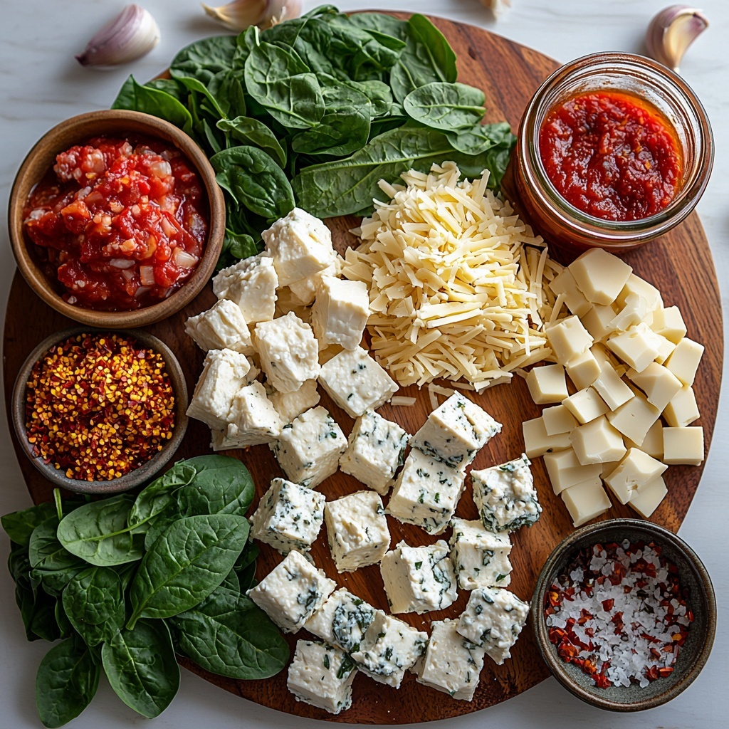 pork sausage in raw ground form, finely diced white onion, peeled garlic cloves minced into small pieces, rich red tomato paste dollop, deep red marinara sauce in a small bowl, dried italian seasoning herbs sprinkled on a white surface, clear golden chicken broth in a glass jar, broken uncooked lasagna noodles scattered loosely, fresh vibrant green spinach leaves, small heap of red pepper flakes, creamy white ricotta cheese in a rustic bowl, shredded mozzarella cheese pile, grated parmesan cheese mound; all ingredients thoughtfully arranged on a clean white marble or light wooden surface with natural soft daylight casting gentle shadows, emphasizing varied textures from smooth creamy cheeses to rough broken pasta and fresh leafy spinach, pops of red from tomato paste and marinara contrast with green spinach and pale cheeses, minimalistic yet inviting styling with occasional sprigs of fresh herbs and subtle rustic props like a wooden spoon or small ceramic bowls; overhead shot, top down view, flat lay photography, professional food styling --ar 1:1 --q 2 --s 750 --v 6.1