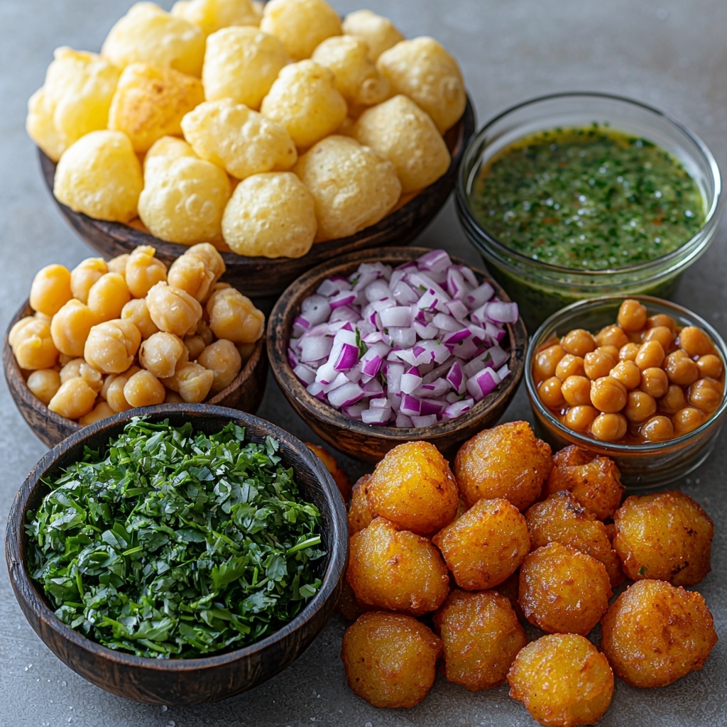 Pani Puri ingredients neatly arranged on a clean white surface, featuring golden crispy puri shells stacked in a rustic pile, a small bowl of smooth mashed boiled potatoes with a creamy texture, a bowl of soft boiled chickpeas with a slightly glossy finish, finely chopped bright purple onions scattered next to a vibrant handful of freshly chopped green coriander leaves, a small rustic bowl of dark brown tangy tamarind chutney with a glossy sheen, a glass bowl filled with pale green mint-coriander pani with visible fresh herb flecks, and small piles of earthy chaat masala and cumin powder powders with fine textures beside a pinch of salt crystals; warm natural light casting soft shadows, minimalistic styling with a touch of rustic charm, emphasizing fresh, vibrant colors and contrasting textures, clean white background enhancing the vividness of ingredients, overhead shot, top down view, flat lay photography, professional food styling --ar 1:1 --q 2 --s 750 --v 6.1