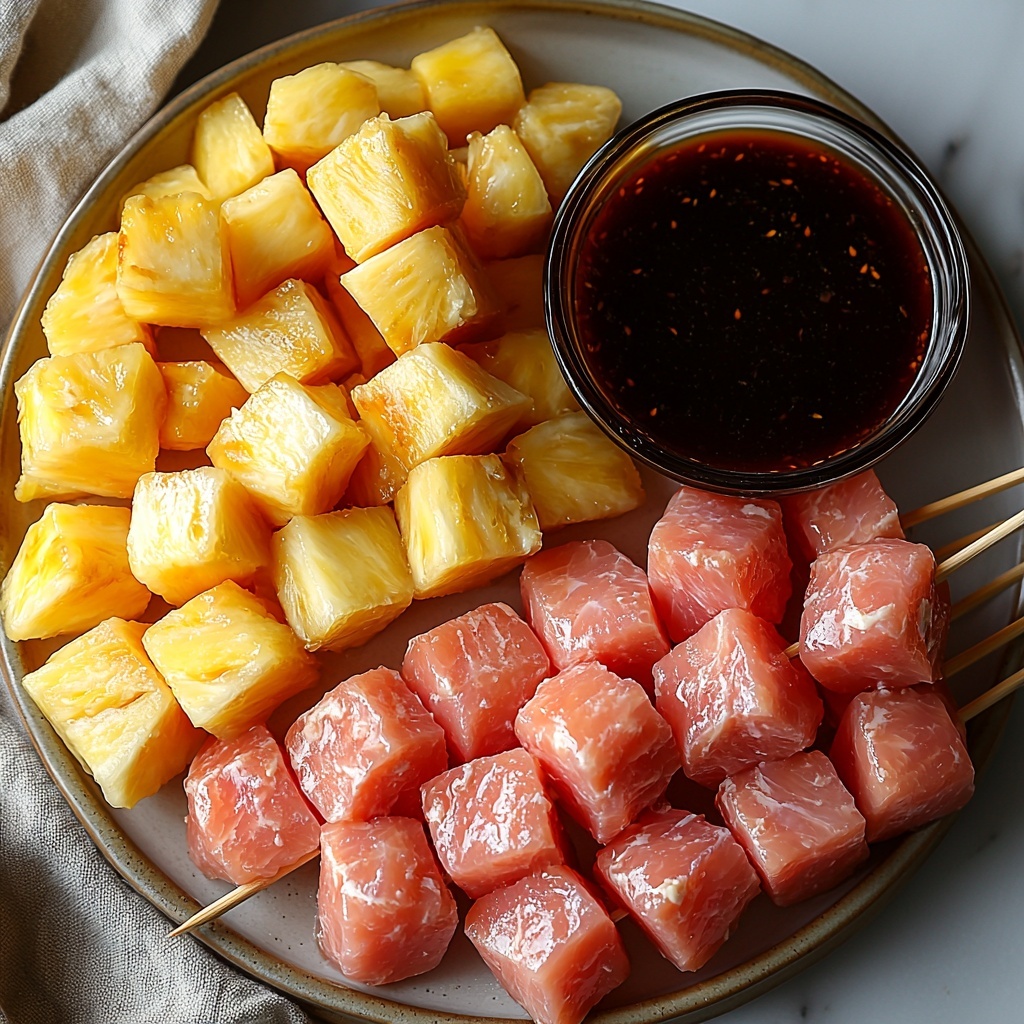 1- A flat lay of fresh ingredients for Pineapple Teriyaki Chicken Skewers arranged neatly on a clean white surface: cubed raw chicken breast pieces pale pink and tender, vibrant golden yellow pineapple chunks with juicy texture, a small glass bowl filled with glossy dark brown teriyaki sauce reflecting light, several natural wooden skewers fanned out beside the ingredients. The colors contrast beautifully—the pink chicken, bright pineapple, and rich sauce—creating an inviting and fresh palette. Soft natural lighting enhances the textures and freshness, with minimal shadows, styled with a casual yet organized feel, a neutral linen napkin subtly folded at the edge for warmth and balance. Overhead shot, top down view, flat lay photography, professional food styling --ar 1:1 --q 2 --s 750 --v 6.1