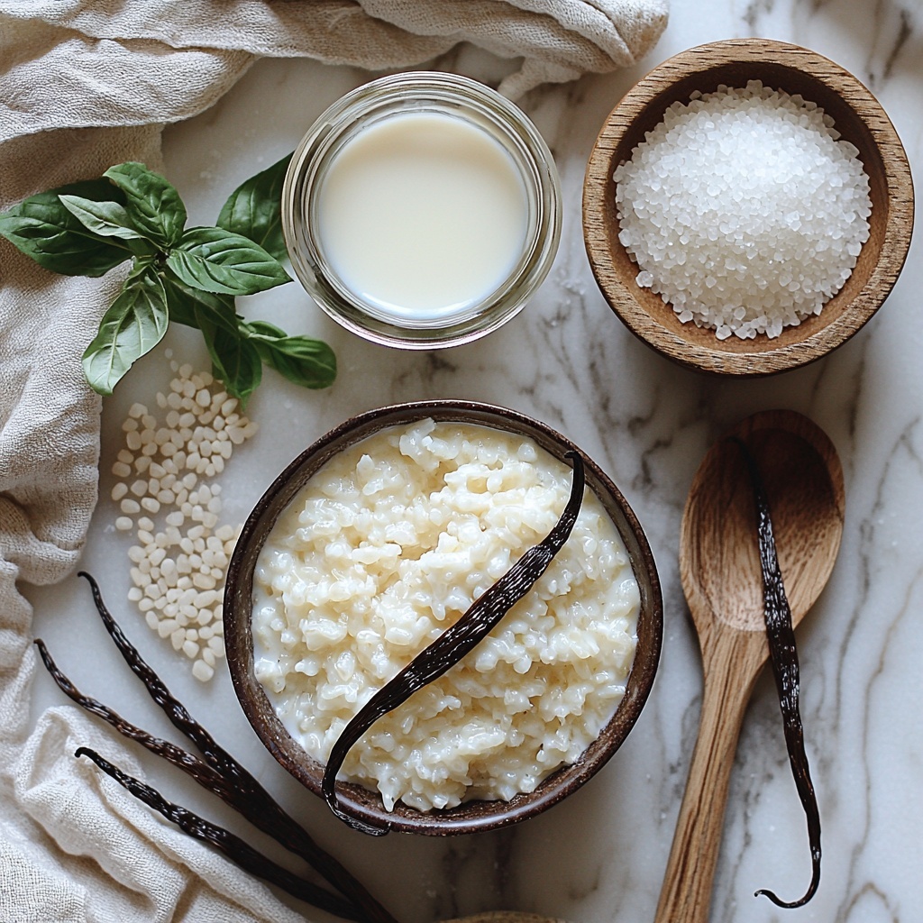 2 - A clean white marble surface with the main ingredients of vanilla bean rice pudding artfully arranged for flat lay photography. A small glass bowl of cooked white rice showing fluffy, tender grains; a clear measuring cup filled with creamy white milk; a rustic wooden spoon resting next to a small glass bowl of fine white sugar; one whole vanilla bean pod, dark brown and split open to reveal tiny black seeds inside; and a small pinch bowl with fine sea salt crystals. Soft natural light casting gentle shadows, highlighting the smooth textures of the milk and rice contrasted with the glossy vanilla bean pod and sparkling sugar crystals. Minimalist styling with subtle props such as a linen napkin folded nearby and a sprig of fresh vanilla leaf to add a hint of green. The ingredients are spaced evenly in an inviting, balanced composition to emphasize freshness and simplicity. Overhead shot, top down view, flat lay photography, professional food styling --ar 1:1 --q 2 --s 750 --v 6.1