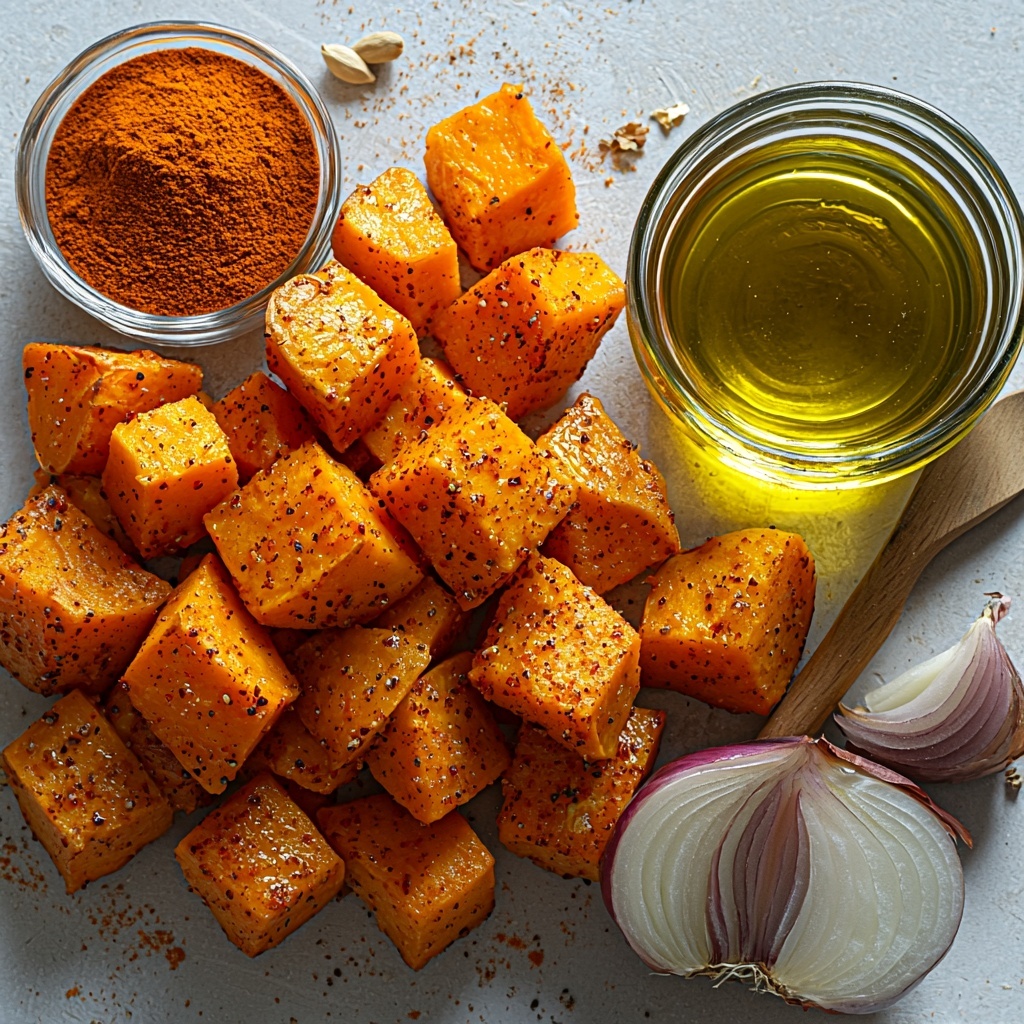 4- a flat lay of spiced sweet potato hash ingredients arranged on a clean white surface: bright orange diced sweet potatoes neatly piled on one side, a small glass bowl of deep red paprika powder, a sprinkle of warm brown cumin seeds artistically spread nearby, a halved golden onion with visible layers, a glass cruet of rich golden olive oil catching light, natural shadows enhancing textures and colors, vibrant and fresh, minimalistic styling with rustic wooden spoon and linen napkin accents, crisp focus, bright natural daylight, overhead shot, top down view, flat lay photography, professional food styling --ar 1:1 --q 2 --s 750 --v 6.1