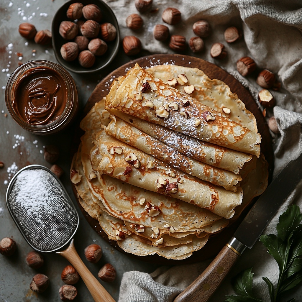 5- Chocolate hazelnut stuffed crepes ingredients arranged on a clean white surface: thin golden crepes neatly stacked and partially folded, a small glass jar of smooth, glossy chocolate hazelnut spread with a wooden spreading knife resting beside it, a fine mesh sieve dusting a small pile of delicate powdered sugar creating soft white clouds, scattered whole hazelnuts for texture and natural warmth, warm soft natural lighting highlighting the rich browns of the chocolate spread and hazelnuts contrasted against the pale crepes and bright powdered sugar, subtle shadows for depth, minimal rustic elements like a linen napkin folded casually on one side, overhead shot, top down view, flat lay photography, professional food styling --ar 1:1 --q 2 --s 750 --v 6.1