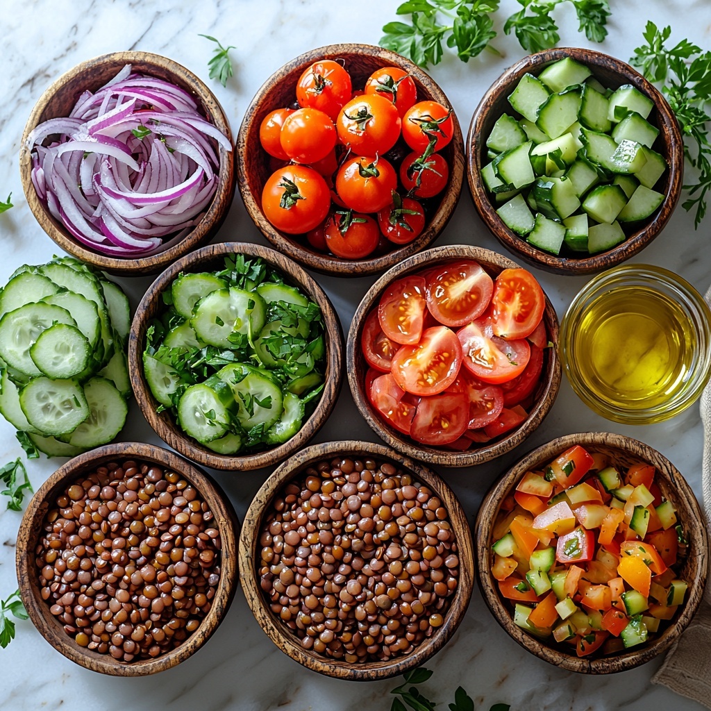 6- A clean white marble surface with small bowls and piles of ingredients arranged neatly for a Mediterranean lentil salad flat lay: vibrant cooked lentils in a rustic bowl showing their earthy brown tones and slightly glossy texture; bright green cucumber slices thinly cut, fresh and crisp; ripe red tomato wedges with juicy, glossy interiors; thinly sliced rings of sharp purple-red onion adding a pop of color and delicate texture; small glass pitcher of golden olive oil catching the light with a subtle sheen; a clear glass bowl of pale yellow lemon juice reflecting freshness; scattered fresh green herb leaves to add color contrast and natural vibe. Soft natural lighting highlighting the vibrant colors and textures, minimal shadows, negative space for a clean, fresh look, styled with rustic wooden utensils and a linen napkin folded casually to add warmth and authenticity. overhead shot, top down view, flat lay photography, professional food styling --ar 1:1 --q 2 --s 750 --v 6.1