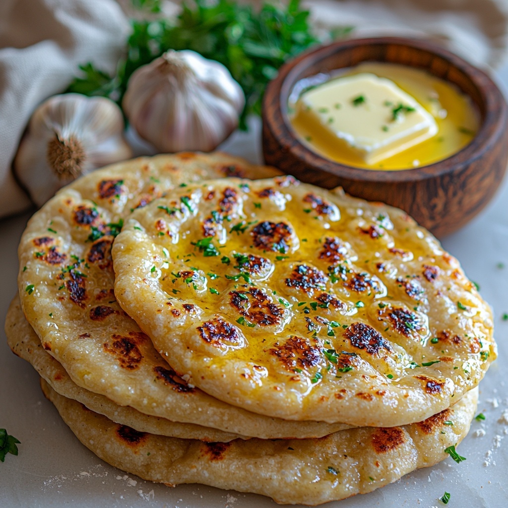 7- Garlic butter flatbreads ingredients arranged on a clean white marble surface. Several soft, light golden flatbreads stacked slightly overlapping, showing their airy texture and subtle browning. A small rustic wooden bowl filled with creamy, melted butter beside a bulb of fresh garlic with some cloves separated and peeled, their papery skins casually scattered. Bright green fresh parsley sprigs artfully placed around to add a pop of color and freshness. Soft natural lighting highlights the warm tones of the bread and the glossy sheen of the butter, creating inviting textures. Minimal shadows, with subtle flour dusting and a simple linen napkin folded nearby for an organic touch. overhead shot, top down view, flat lay photography, professional food styling --ar 1:1 --q 2 --s 750 --v 6.1