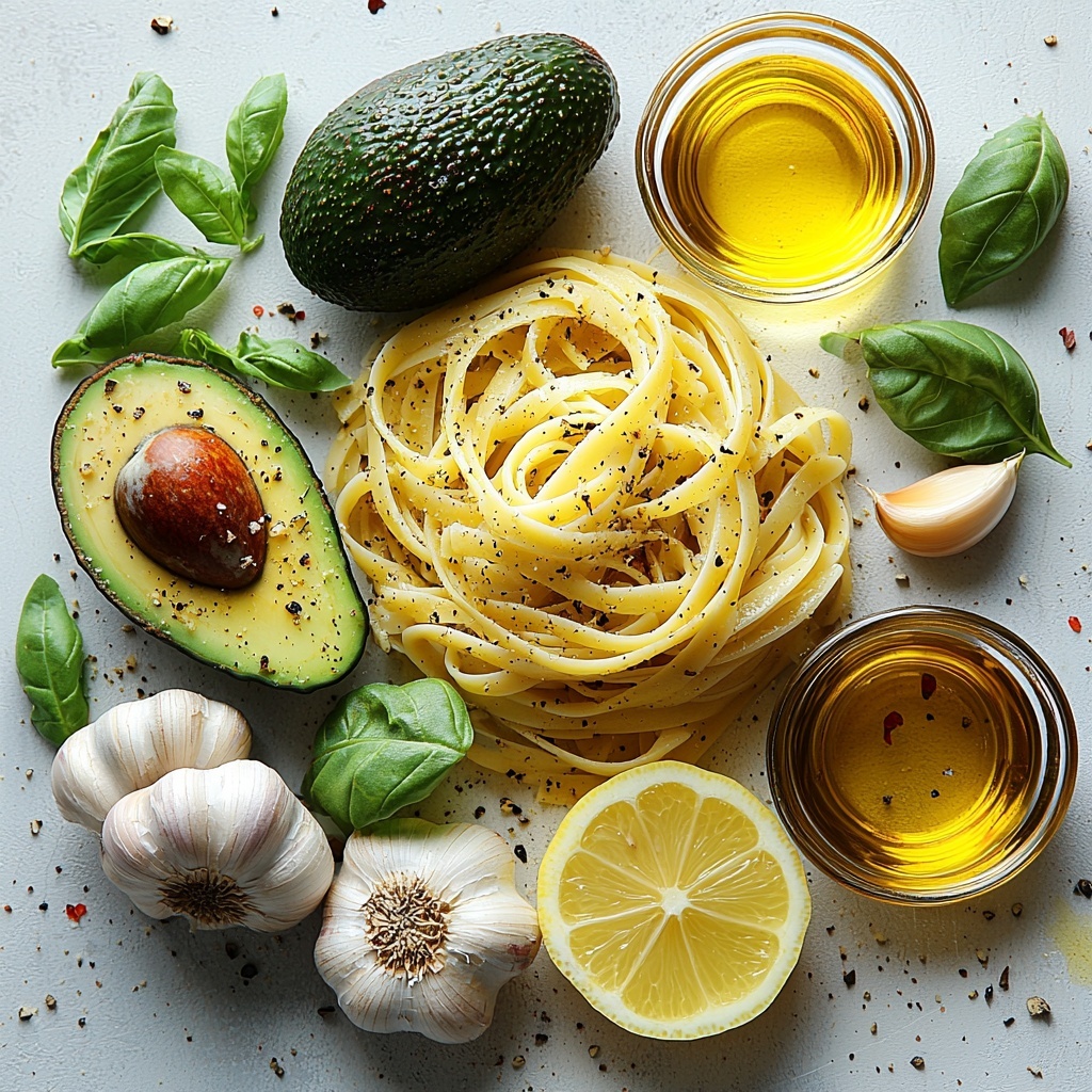 8- A clean white surface featuring a flat lay arrangement of creamy avocado pasta ingredients: a nest of dry pasta with golden-yellow hues; two ripe avocados halved to reveal vibrant green, creamy flesh with textured dark skins nearby; a few garlic cloves with papery white skins scattered organically; a small glass bowl of bright yellow lemon juice catching soft light; a small rustic dish of rich, glossy olive oil with warm amber tones; fresh green avocado leaves subtly placed for a natural touch. The composition balances earthy greens, warm yellows, and neutral whites with natural light emphasizing textures—smooth avocado flesh, rough garlic skins, and glossy oil—styled minimally yet invitingly, with soft shadows and crisp focus. Overhead shot, top down view, flat lay photography, professional food styling --ar 1:1 --q 2 --s 750 --v 6.1