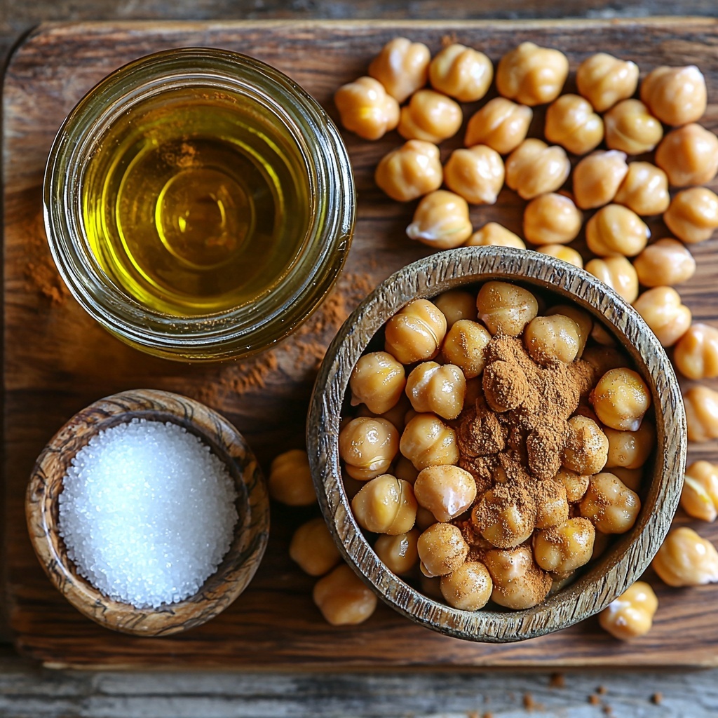 9- Canned chickpeas spilling gently from a rustic glass jar, golden and slightly textured; a small wooden bowl filled with warm brown cinnamon powder; a tiny vintage ceramic dish holding fine white sugar crystals; a small clear glass container of rich, glossy olive oil reflecting light; all arranged neatly on a clean, light wooden surface that adds warmth and contrast. The ingredients are spaced evenly with soft natural lighting highlighting their textures—the matte chickpeas, the powdery cinnamon, the granular sugar, and the smooth oil—creating a cozy, inviting feel. Shadows are soft and minimal, emphasizing the natural colors and rustic charm. Overhead shot, top down view, flat lay photography, professional food styling --ar 1:1 --q 2 --s 750 --v 6.1