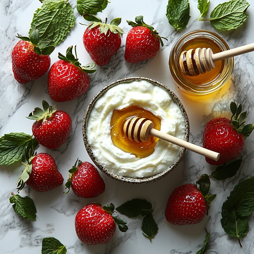 11 - Strawberries fresh and vibrant red with green leafy tops, a smooth bowl of creamy white Greek yogurt, a small glass jar of golden honey with a wooden honey dipper resting beside it, all neatly arranged on a bright clean white marble surface. The strawberries are scattered organically with some sliced in half to reveal juicy interiors, the yogurt bowl has a slight swirl texture, and the honey jar glistens under soft natural light. Accents of tiny mint leaves add a fresh pop of green for contrast. Subtle shadows and highlights emphasize the rich textures and vivid colors, styled with minimal props to keep the focus on the ingredients. overhead shot, top down view, flat lay photography, professional food styling --ar 1:1 --q 2 --s 750 --v 6.1