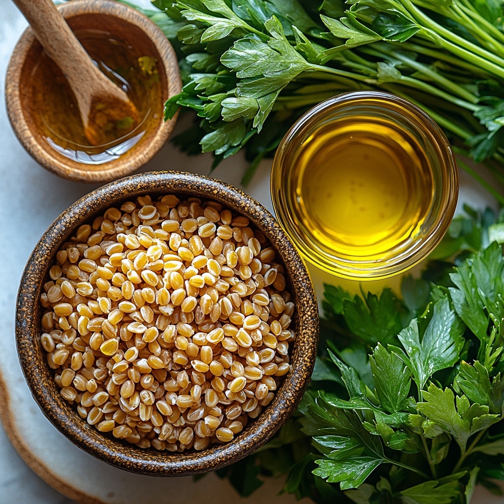 12 - A flat lay overhead shot of Mediterranean ingredients arranged neatly on a clean white marble surface: a small rustic bowl filled with uncooked farro grains showing their warm tan and golden hues, a clear glass jug of golden olive oil catching the light, a bunch of fresh bright green parsley with delicate leaves spread naturally, and a small ceramic bowl of rich amber vegetable broth with slight reflections. The ingredients are spaced evenly with natural shadows adding depth, emphasizing the earthy textures of the farro, vibrant freshness of the parsley, and the smooth liquid surfaces. Minimalist styling with soft natural light, subtle props like a wooden spoon and linen napkin slightly peeking at edges, creating a warm, inviting Mediterranean feel. Overhead shot, top down view, flat lay photography, professional food styling --ar 1:1 --q 2 --s 750 --v 6.1