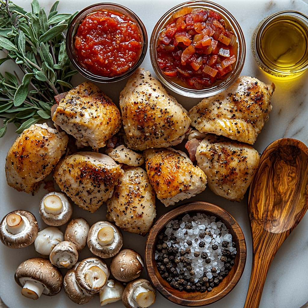 2- whole chicken pieces with golden skin, diced crispy bacon, sliced cremini mushrooms with rich brown tones, pearl onions peeled and glossy white, minced garlic cloves scattered, small bowl of deep red tomato paste, wooden spoon with light dusting of all-purpose flour, small glass bowl of olive oil with golden hues, sprigs of fresh green thyme, two dried bay leaves with textured veins, rustic salt crystals and black peppercorns sprinkled artistically, clean white marble surface, natural soft daylight highlighting vibrant colors and varied textures, ingredients carefully spaced and balanced to create harmonious composition, shadows soft and subtle for depth, minimalistic and elegant styling, overhead shot, top down view, flat lay photography, professional food styling --ar 1:1 --q 2 --s 750 --v 6.1