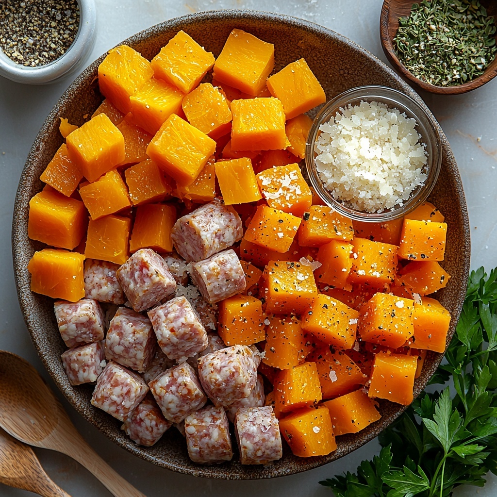 3- Butternut squash peeled and cubed in a small rustic ceramic bowl showing bright orange cubes with a matte texture, uncooked penne pasta scattered loosely in a neat pile showcasing pale golden tubular shapes, raw Italian sausage links with visible flecks of herbs and spices, a small glass bowl of deep golden olive oil glistening under soft light, finely diced translucent white onion arranged in a clear small dish, three whole garlic cloves alongside minced garlic spread delicately on parchment paper, small white ceramic spoons holding dried thyme and dried oregano powders showing muted green and brown tones, a tiny bowl of vibrant red pepper flakes with a slightly coarse texture, coarse sea salt and cracked black peppercorns positioned in small wooden bowls, a clear glass cup filled with light amber vegetable broth, grated Parmesan cheese piled loosely on a white plate with a crumbly, snowy texture, and fresh bright green parsley sprigs with delicate leaves artistically placed for garnish—all items arranged neatly on a clean white marble surface with soft natural daylight casting gentle shadows, subtle rustic props like wooden spoons and linen napkins, slight depth of field highlighting textures and colors, overhead shot, top down view, flat lay photography, professional food styling --ar 1:1 --q 2 --s 750 --v 6.1