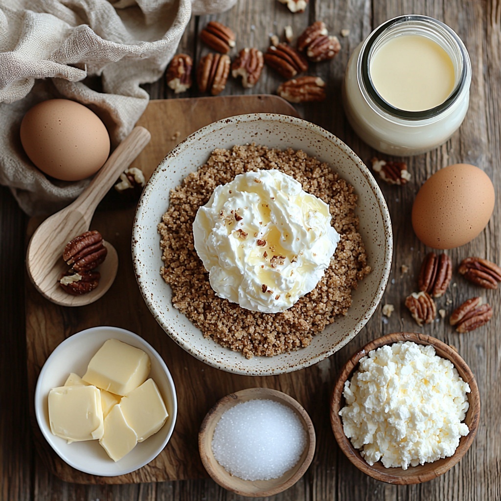 4- Graham cracker crumbs in a small rustic bowl, melted unsalted butter in a glass measuring cup, white granulated sugar in a wooden scoop, softened cream cheese block on a light ceramic plate, smooth sour cream in a white ramekin, three large brown eggs arranged neatly, a small glass bottle of vanilla extract with amber liquid inside, light brown packed brown sugar in a small bowl, glossy golden corn syrup in a clear jar, thick heavy cream in a white cream pitcher, two tablespoons unsalted butter cubes on a small white dish, a teaspoon of vanilla extract in a tiny white spoon, fine grains of salt scattered subtly on the surface, a generous pile of glossy, deep brown pecan halves fanned out on a dark textured wooden board. All ingredients are arranged carefully on a clean, light-colored wooden table with soft natural light highlighting the varied textures—from crumbly, smooth, creamy, to glossy shiny nuts. Delicate shadows and warm tones enhance the inviting, cozy feel, with rustic kitchen props like a linen napkin and wooden spoons placed artfully to add depth and context. Overhead shot, top down view, flat lay photography, professional food styling --ar 1:1 --q 2 --s 750 --v 6.1