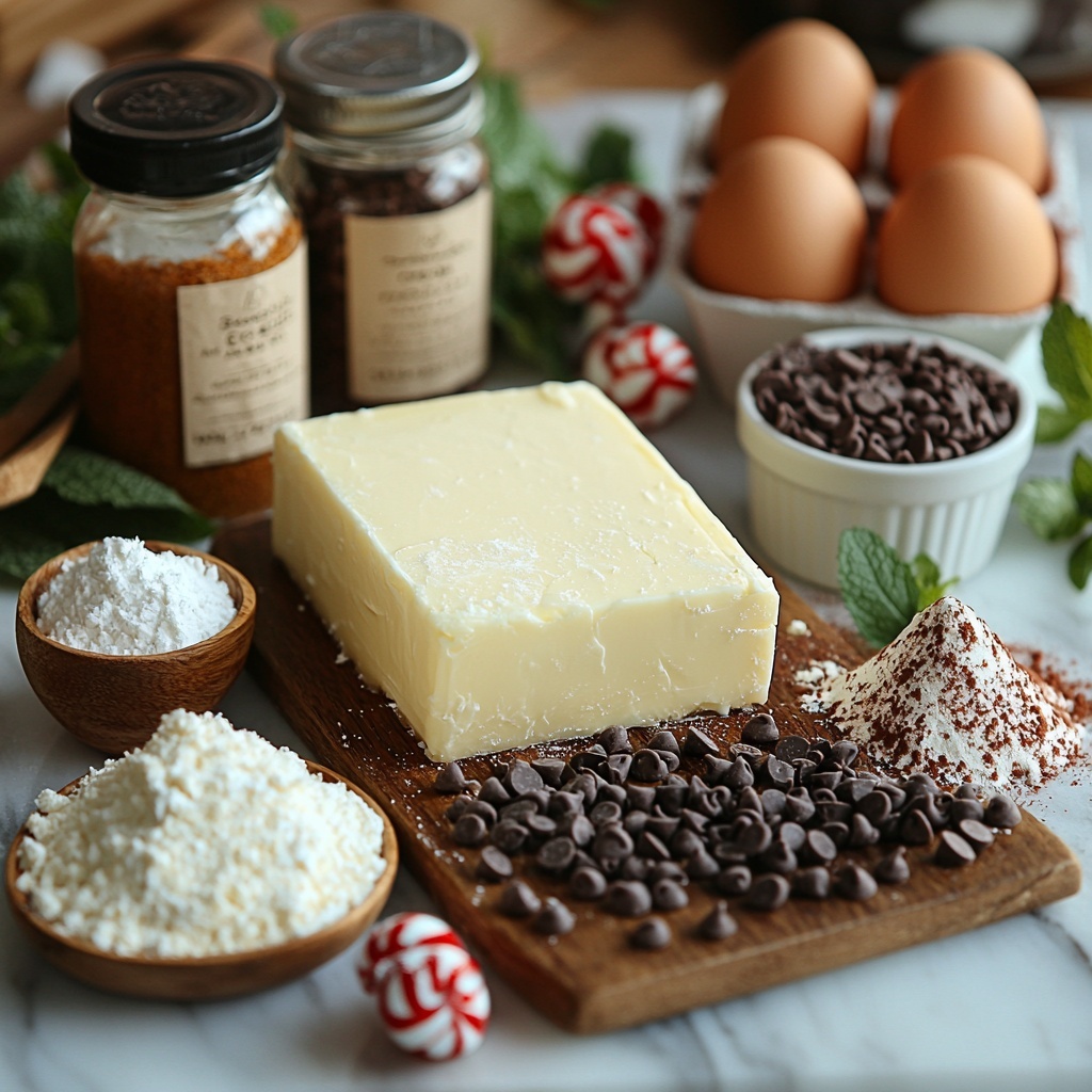 5- A clean white marble surface with all the main ingredients for peppermint chocolate chip cookies carefully arranged in an aesthetically pleasing flat lay: a softened block of pale yellow unsalted butter on a small wooden board, a clear glass bowl filled with sparkling white granulated sugar, next to a bowl of dark amber packed brown sugar showing its moist texture, two large brown eggs with smooth shells placed near a small glass jar of golden vanilla extract, a neat mound of fine white all-purpose flour dusted slightly around the edges, small piles of baking soda and salt on ceramic spoons, a white bowl overflowing with glossy semi-sweet chocolate chips, a tiny glass bottle of clear peppermint extract, and a small white ramekin holding crushed red and white peppermint candy pieces scattered delicately nearby. The colors contrast beautifully — warm yellows, dark browns, sparkling whites, and vibrant reds — with natural light casting soft shadows to highlight textures and freshness. Minimalist styling with a few sprigs of fresh mint leaves and a lightly crumpled parchment paper sheet to add casual elegance, all captured in an overhead shot, top down view, flat lay photography, professional food styling --ar 1:1 --q 2 --s 750 --v 6.1