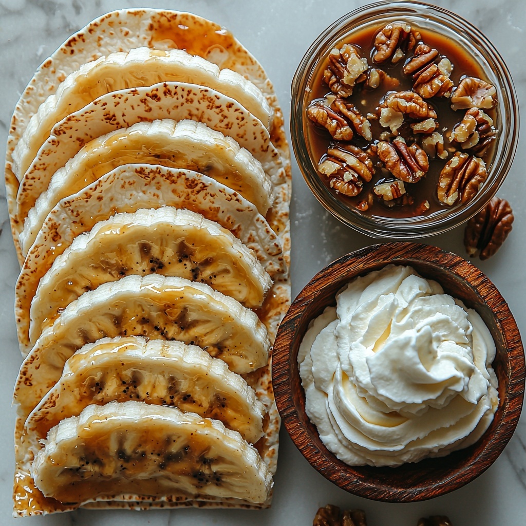 7- 4 small golden-brown taco shells arranged in a neat row on a clean white marble surface, next to a small rustic bowl filled with glossy rich caramel sauce, a wooden bowl containing chopped walnuts and pecans showcasing their natural textures, two ripe bananas sliced into thick, curved pieces spread organically beside the nuts, a delicate swirl of fluffy white whipped cream in a small glass ramekin, warm natural lighting highlighting the contrasting colors and textures with soft shadows, minimalistic styling with a few scattered nut pieces and a slight drizzle of caramel on the surface to add visual interest, clean and bright background accentuating the warm tones of caramel and bananas, overhead shot, top down view, flat lay photography, professional food styling --ar 1:1 --q 2 --s 750 --v 6.1