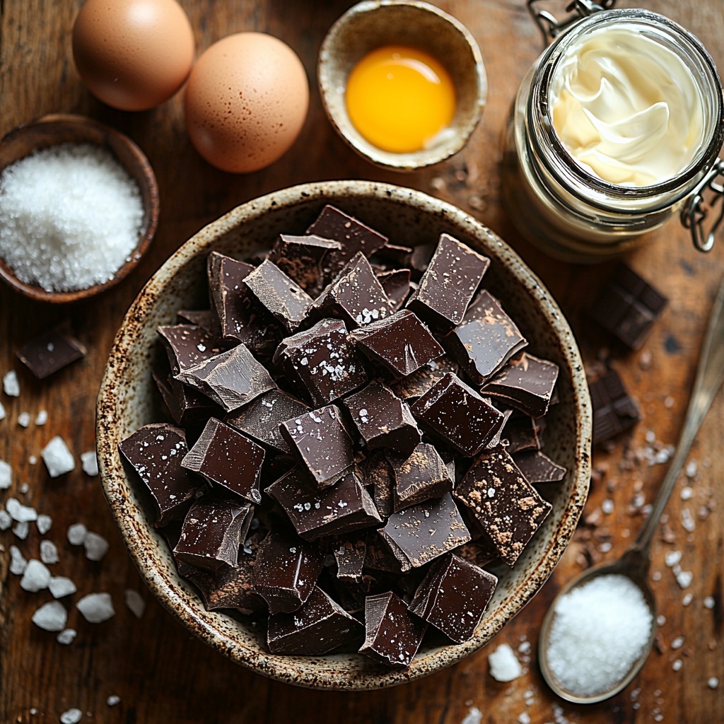 8- 4 oz finely chopped semi-sweet dark chocolate chunks scattered in a small rustic bowl, two large fresh brown eggs cracked open with smooth glossy yolks visible in a white ceramic dish, a small heap of fine white granulated sugar beside a vintage silver spoon holding 1 tablespoon of sugar, a tiny pile of rich dark espresso powder on a natural wooden surface, a clear glass jar of golden vanilla extract with light reflecting off it, a pinch of fine sea salt crystals delicately spilled on the surface, a small bowl of airy, lightly whipped creamy white heavy cream with soft peaks, all ingredients arranged neatly but naturally spaced on a clean light wood background with soft natural daylight casting gentle shadows, subtle textures of chocolate, cream, and sugar emphasized, complementary neutral linen napkin partially visible on the side, warm inviting tones, minimalistic and elegant styling emphasizing freshness and quality, overhead shot, top down view, flat lay photography, professional food styling --ar 1:1 --q 2 --s 750 --v 6.1