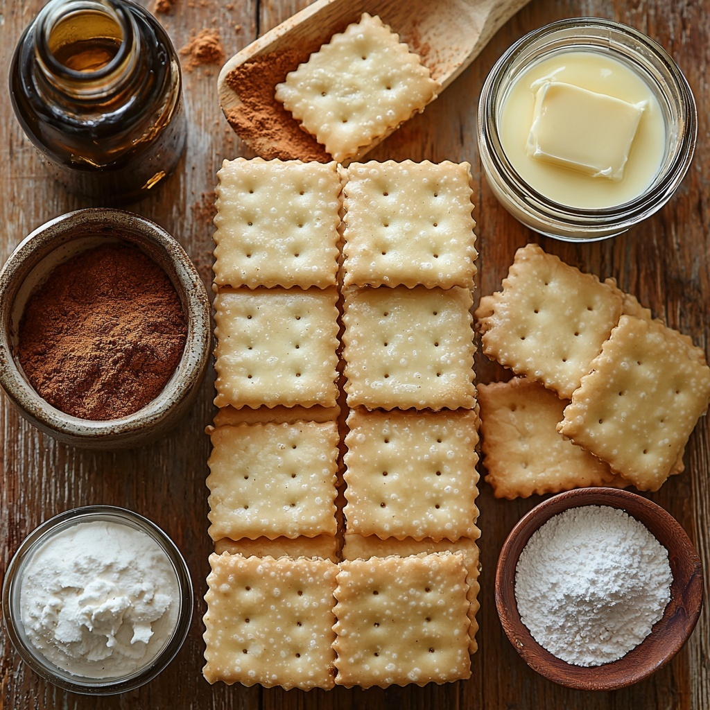 9- A clean, light wooden surface with an organized flat lay of all main ingredients for churro saltine toffee: a neat stack of golden saltine crackers showing their airy texture, a small vintage bowl of golden melted butter with soft gloss, a rustic ceramic bowl filled with rich, dark brown sugar crystals, a little glass jar of creamy heavy cream with a smooth surface, a small white ramekin holding warm cinnamon powder with fine texture, a small sieve dusted with bright white powdered sugar sprinkled delicately nearby, and a tiny clear bottle of vanilla extract showing dark amber liquid inside. The ingredients are spaced evenly with natural soft daylight casting gentle shadows, subtle props like a wooden spoon and a crumpled parchment paper hinting at baking preparation. Colors are warm and inviting with emphasis on golden browns, creamy whites, and soft earthy tones, styled with minimalistic elegance and natural textures to create an appetizing, cozy atmosphere. Overhead shot, top down view, flat lay photography, professional food styling --ar 1:1 --q 2 --s 750 --v 6.1
