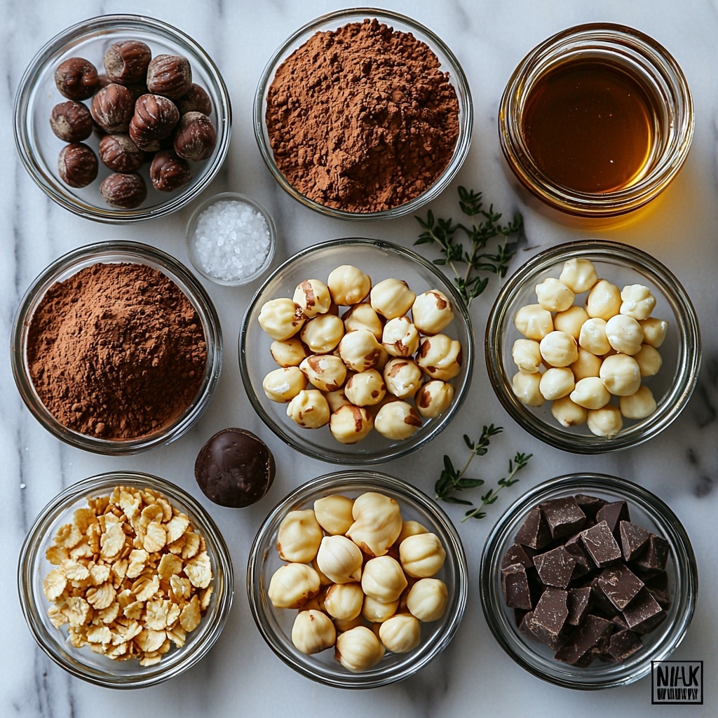 12- roasted hazelnuts whole and chopped in small glass bowls, crushed golden corn flakes in a clear bowl, a small bowl of rich dark unsweetened cocoa powder, smooth and creamy hazelnut butter in a rustic ceramic dish, glossy amber maple syrup in a small glass jar, melted coconut oil in a tiny white ramekin, a delicate glass bottle with vanilla extract, a pinch of coarse sea salt scattered lightly on the clean white surface, glossy semisweet vegan chocolate chips arranged neatly in a wooden bowl; all ingredients carefully spaced on a bright, clean white marble surface emphasizing natural textures and warm tones, soft natural light casting gentle shadows to enhance depth and detail, minimalistic styling with subtle sprigs of fresh green herbs for contrast, slight rustic and cozy vibe, subtle reflections on glass containers, clean and airy composition overhead shot, top down view, flat lay photography, professional food styling --ar 1:1 --q 2 --s 750 --v 6.1