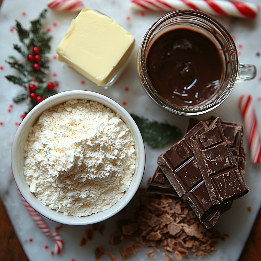 1- powdered sugar in a small white ceramic bowl with a fine dusting around its edges, two tablespoons of softened pale yellow butter on a rustic wooden butter knife, a small glass bowl with clear heavy cream showing its smooth, glossy texture, a tiny glass pitcher containing translucent peppermint extract, a cup filled with rich, glossy melted dark chocolate with a slight ripple on the surface, scattered festive colorful sprinkles and shimmering edible glitter nearby, all ingredients thoughtfully spaced on a clean, matte white surface to emphasize contrast, natural soft lighting highlighting the varying textures from powdery and creamy to glossy and sparkly, warm inviting tones with minimal shadows, styled with a few fresh peppermint leaves and a candy cane for seasonal accent, perfectly balanced composition with negative space enhancing focus on each component, overhead shot, top down view, flat lay photography, professional food styling --ar 1:1 --q 2 --s 750 --v 6.1