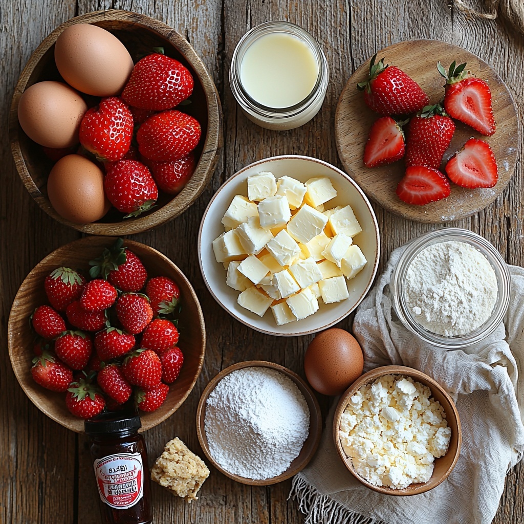 2- all-purpose flour in a small white ceramic bowl, baking powder and salt in tiny glass ramekins, softened unsalted butter on a wooden butter dish, granulated sugar in a clear glass jar, two large brown eggs resting on a rustic linen napkin, a small glass bottle of vanilla extract with a cork stopper, whole milk in a vintage measuring cup, fresh diced strawberries in a bright white bowl, a chilled metal mixing bowl filled with thick heavy whipping cream, a small bowl of powdered sugar next to a teaspoon of vanilla extract, sliced fresh strawberries fanned out on a delicate white plate, optional crushed shortcake cookies in a small bowl, all ingredients neatly arranged on a clean light wooden surface with soft natural light, shadows accentuating textures of flour, sugar crystals, and creamy butter, pops of vibrant red from the strawberries contrasting with muted whites and soft browns, subtle props like a silver spoon, wooden mixing spoon, and a linen cloth folded for depth, overhead shot, top down view, flat lay photography, professional food styling --ar 1:1 --q 2 --s 750 --v 6.1