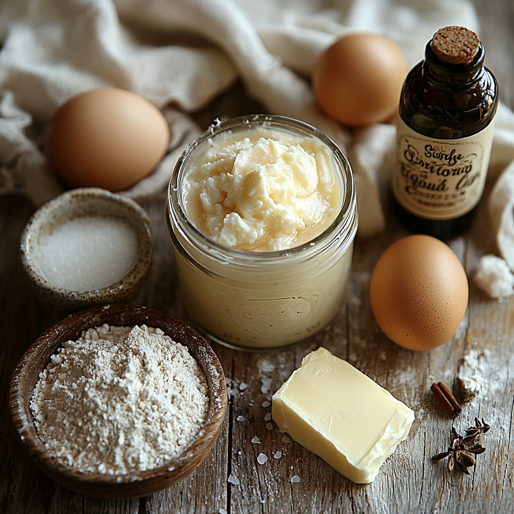 5- sourdough starter in a small glass jar with a creamy, bubbly texture; a rustic measuring cup filled with rich, creamy eggnog; a mound of fine, white all-purpose flour dusted slightly around edges; a single large egg with smooth, glossy shell; a small bowl of sparkling granulated sugar crystals; softened unsalted butter block with a pale yellow hue on a wooden butter knife; coarse grains of white salt scattered lightly; a tiny heap of warm brown ground nutmeg; a small bottle of vanilla extract with dark amber liquid inside. All ingredients thoughtfully arranged on a clean, light-colored wooden surface, spaced evenly with some natural shadows for depth. Textures contrasting from powdery flour to glossy egg and creamy butter, creating a warm, inviting palette of whites, creams, yellows, and browns. Subtle accents of natural linen cloth and simple ceramic bowls included to enhance rustic, festive charm. overhead shot, top down view, flat lay photography, professional food styling --ar 1:1 --q 2 --s 750 --v 6.1