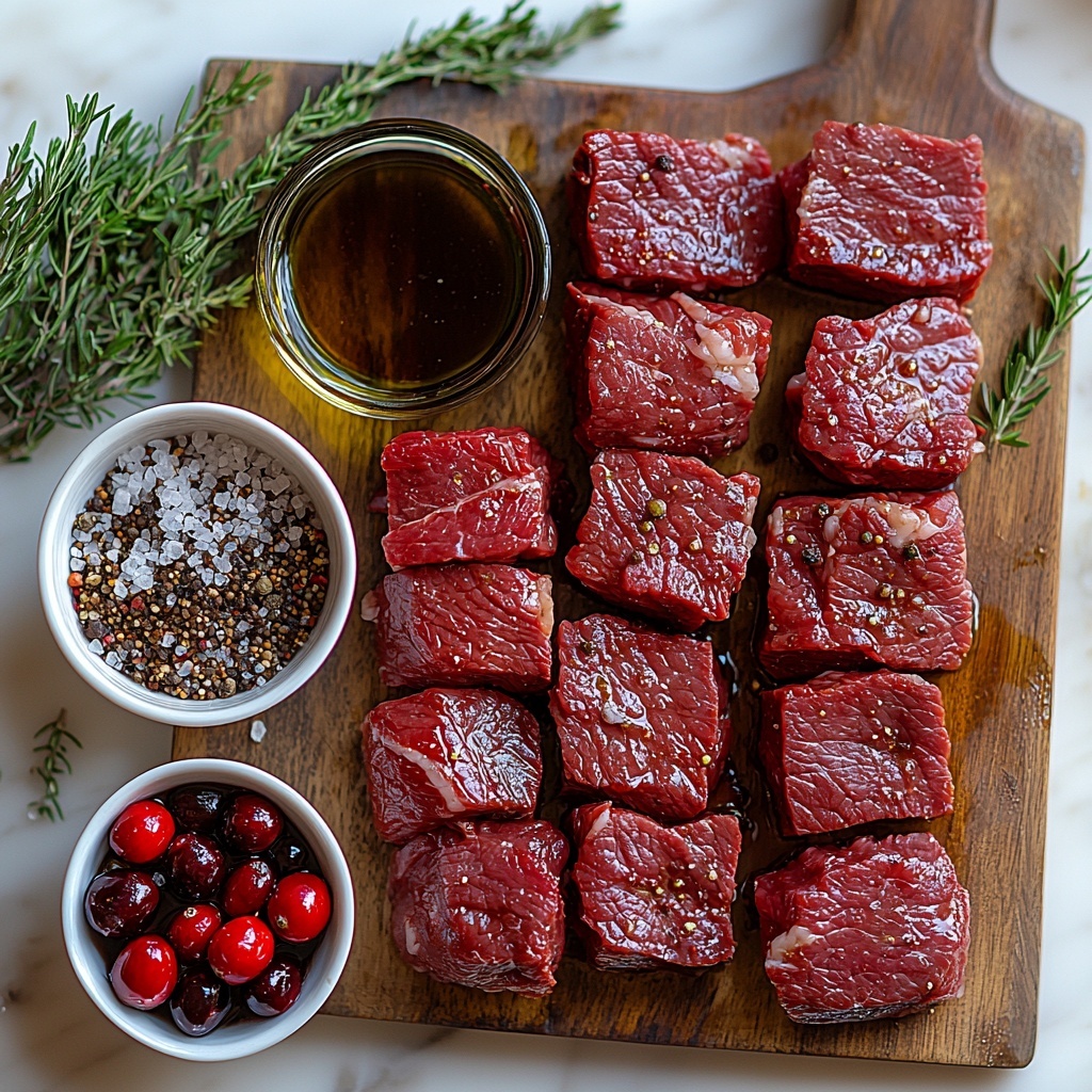 6- beef brisket trimmed of excess fat, raw and thick, rich deep red with marbled fat; small bowl of olive oil with glossy golden liquid; coarse salt and freshly ground black pepper scattered nearby; can of whole berry cranberry sauce with vibrant deep red berries visible; small glass bowl of dark brown beef broth, slightly glossy surface; small clear bowl of deep mahogany balsamic vinegar with reflective surface; packed brown sugar in a rustic wooden spoon, light caramel color and granular texture; small dollop of smooth pale yellow Dijon mustard on a white ceramic spoon; piles of fine garlic powder and onion powder in tiny white ramekins, off-white and soft texture; fresh rosemary sprigs with dark green needle-like leaves and fresh thyme sprigs with tiny green leaves arranged neatly; optional garnish of bright red fresh cranberries, green rosemary sprigs, and chopped vibrant parsley leaves scattered for color pop; all ingredients arranged artfully spaced on clean white surface with natural soft light emphasizing varied textures and rich colors, shadows soft and minimal, focusing on freshness and aroma; overhead shot, top down view, flat lay photography, professional food styling --ar 1:1 --q 2 --s 750 --v 6.1
